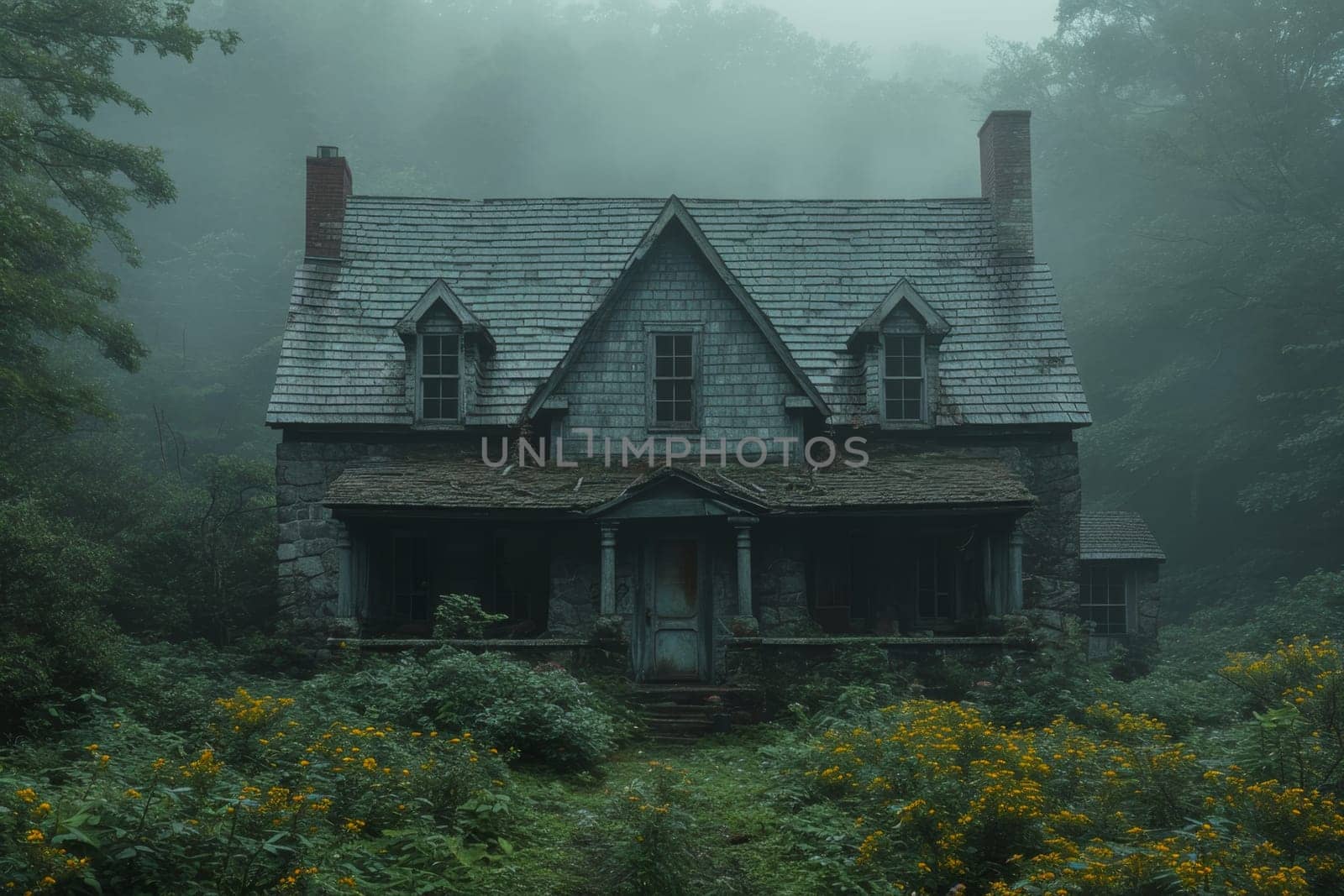 An old gloomy lost house in the woods in the wilderness.