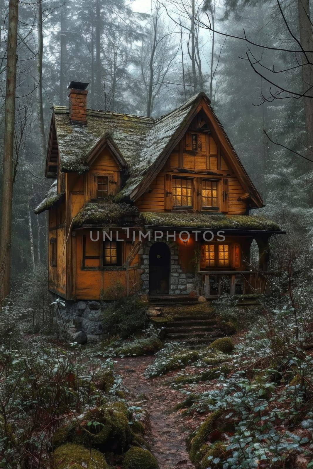 An old gloomy lost house in the woods in the wilderness.