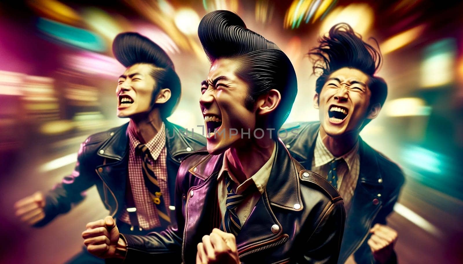 Portrait of Japanese Rockabilly Enthusiasts with Iconic Hairstyles, Close Up. High quality photo