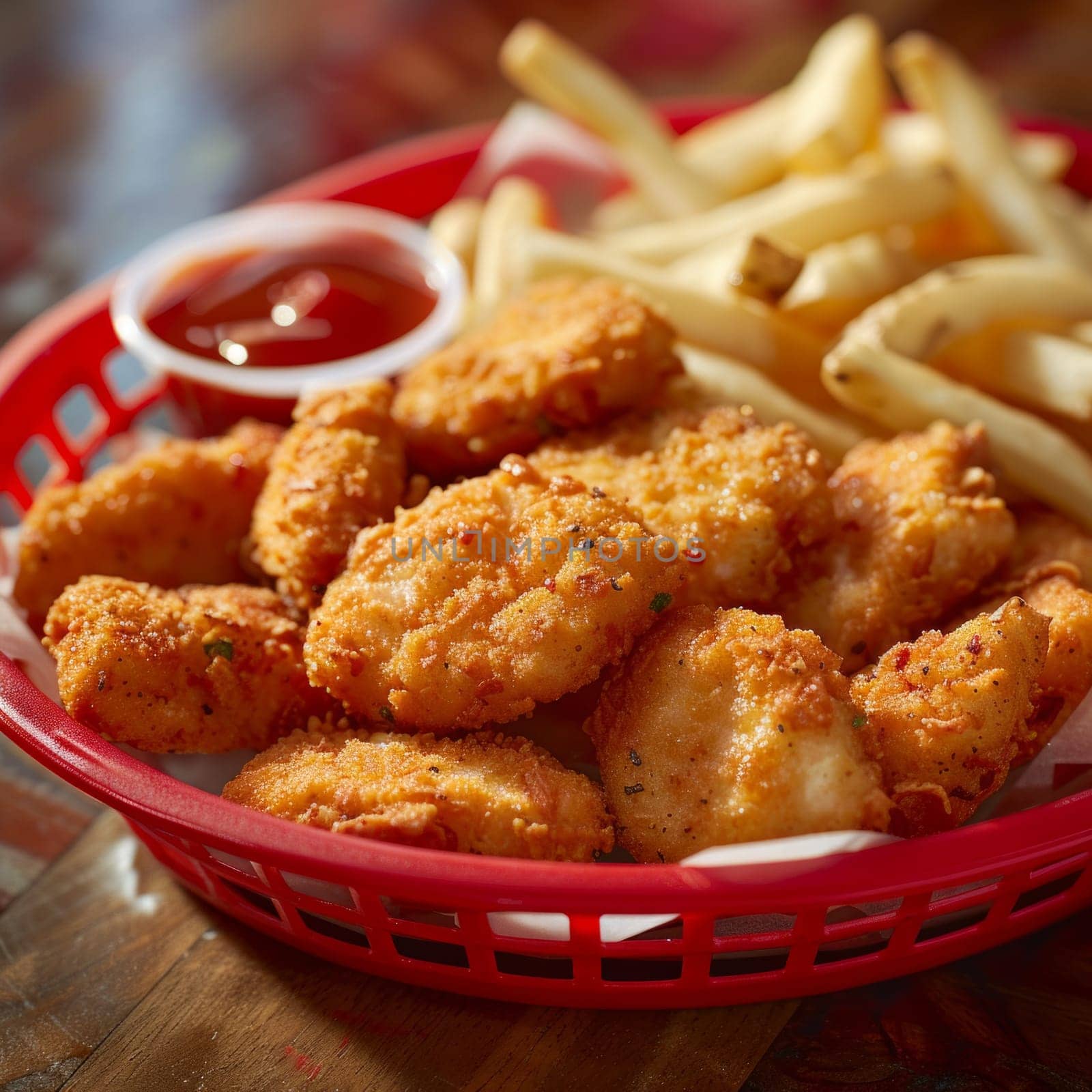Close up of a basket of fried chicken and french fries.