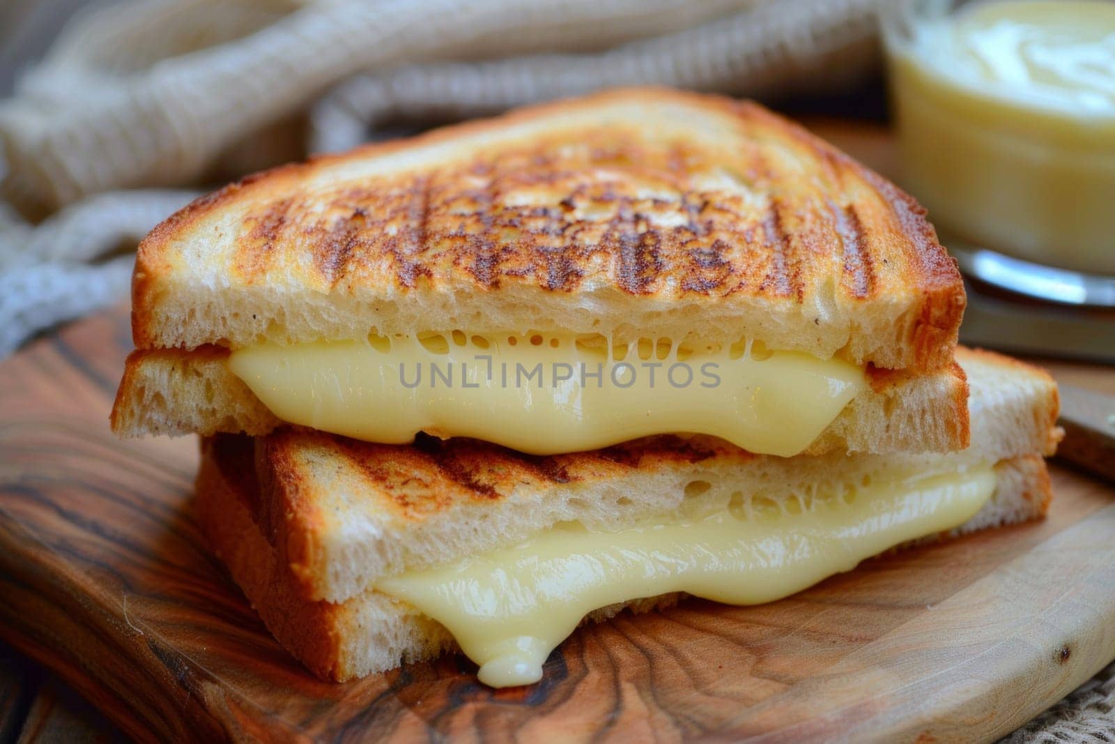 Close up of a sandwich with melted cheese over a wooden table during day.