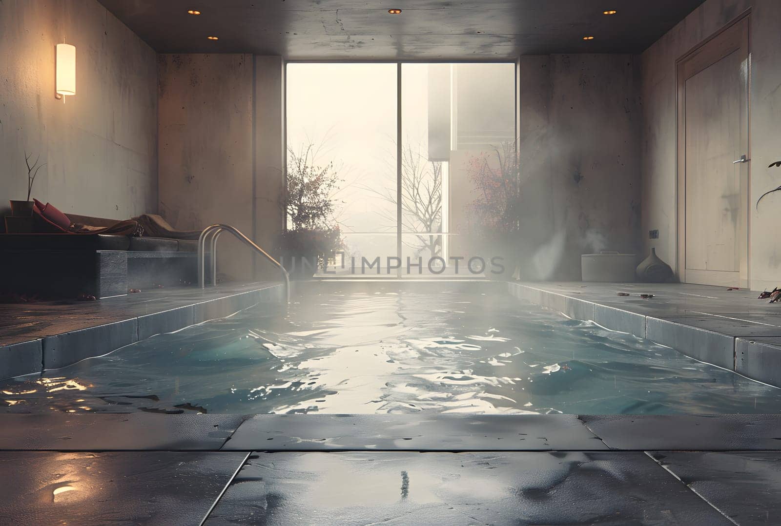 A waterfilled indoor swimming pool inside a building with steam rising from the surface, surrounded by glass panels and hardwood flooring