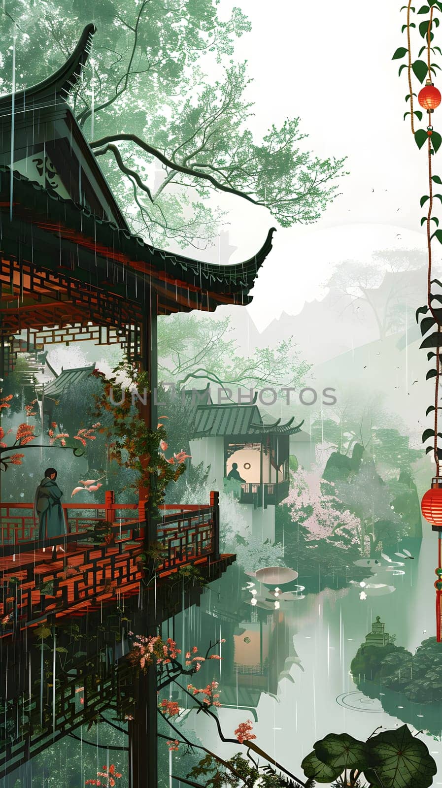 A serene Chinese garden painting featuring a bridge over a tranquil pond, surrounded by lush trees and traditional Chinese architecture, perfect for leisurely travels and events
