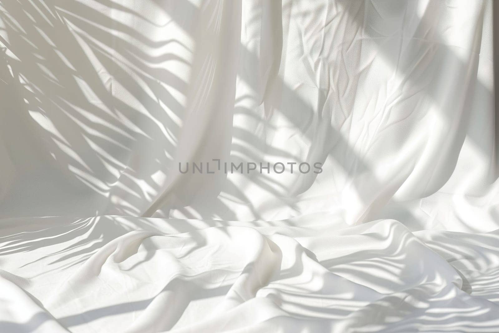 Serene white textile surface with gentle folds and soft shadows of palm leaves, perfect minimalist setting for branding, product showcases, artistic backdrops. Nordic style background. Generative AI