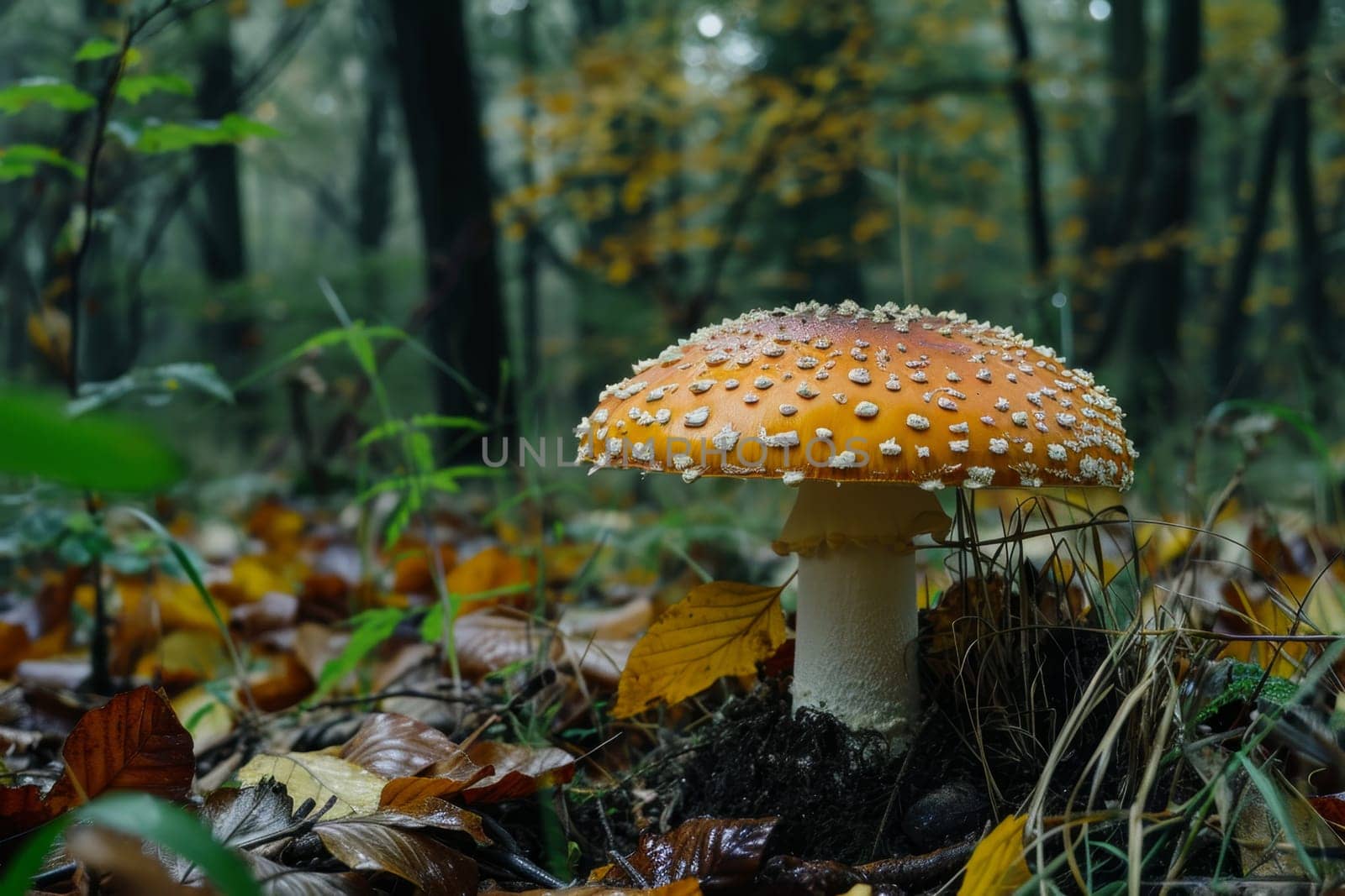 Mushroom fly agaric growing in the forest. Mushroom picking concept.