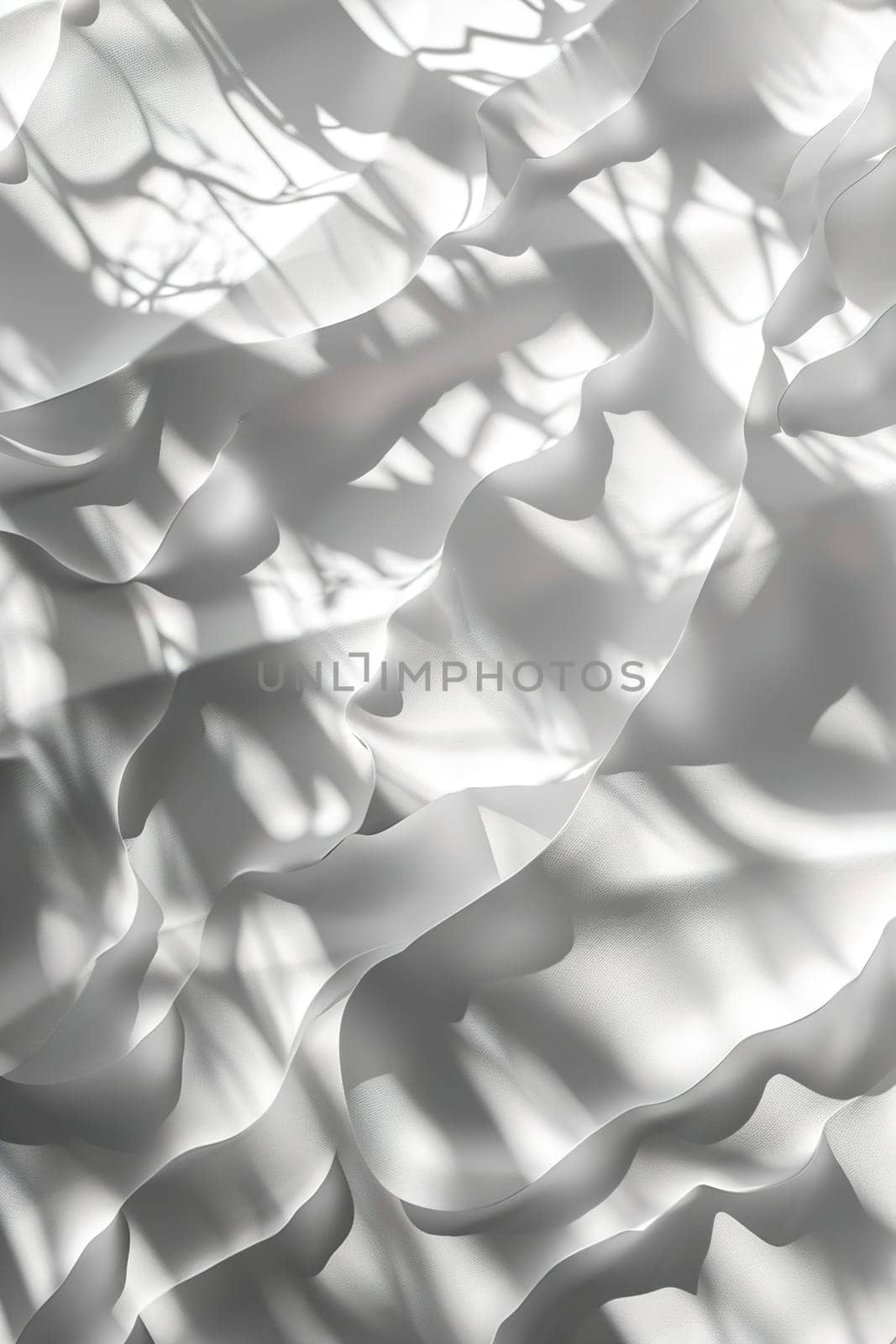 A captivating play of light and shadow on undulating white fabric creates a tranquil, elegant backdrop suitable for a wide range of design applications. Vertical picture. Generative AI. by creativebird