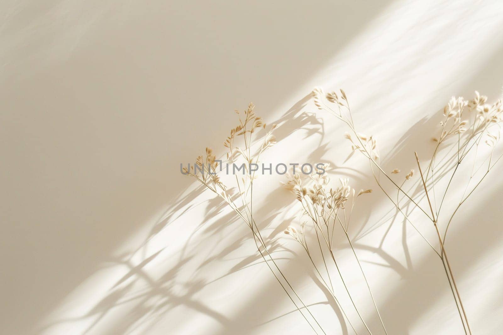 Natural, minimalistic background with plants and beautiful light. Empty, copy space for text. Nordic style backdrop. Soft, beige color. Generative AI. by creativebird