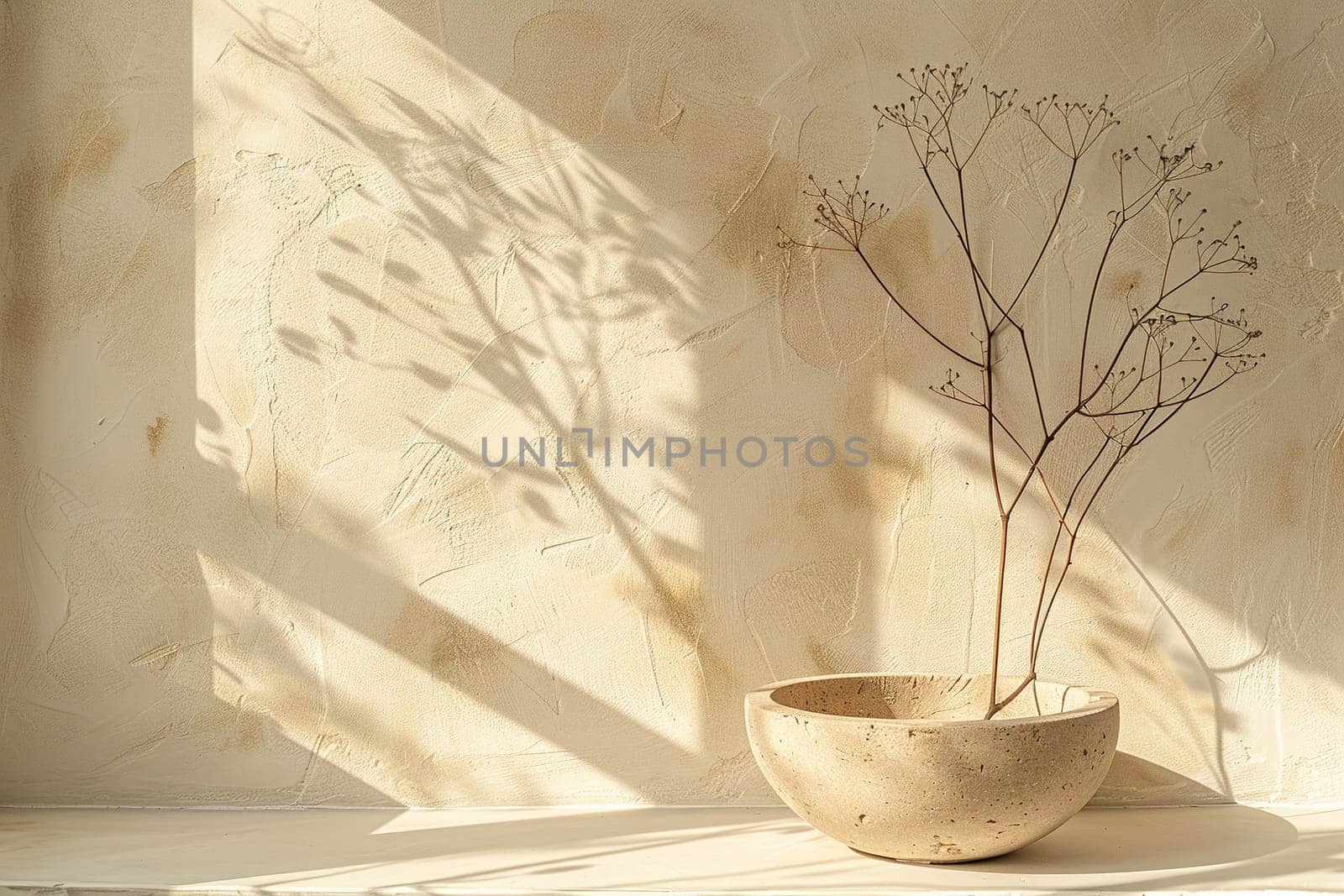 A serene composition with a ceramic bowl and delicate dried flowers casting soft shadows on a textured beige background. Empty, copy space for text. Nordic style backdrop. Generative AI. by creativebird