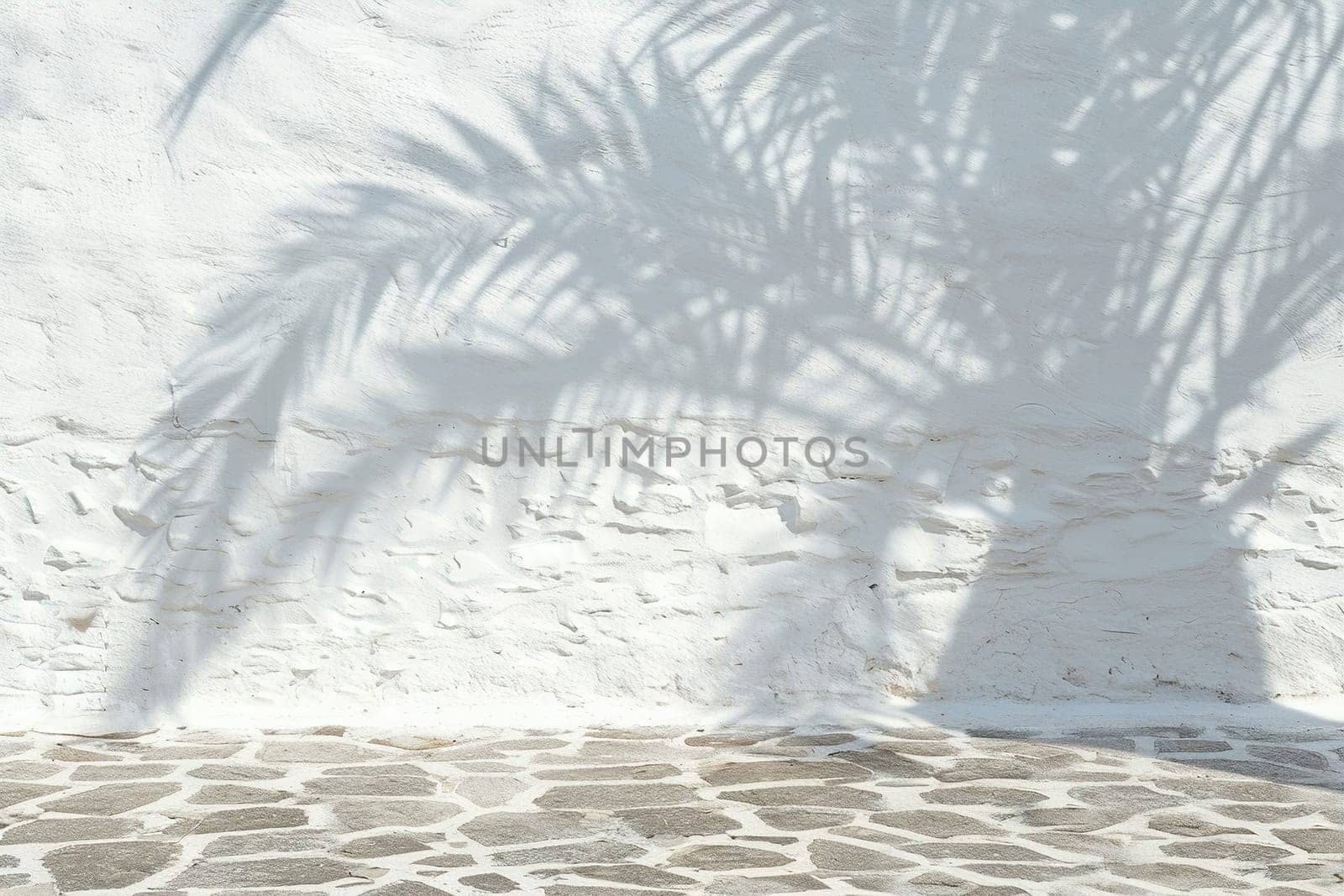 A textured white wall with the serene shadow of a palm tree, and an earth-toned cobblestone path beneath, ideal for minimalist or travel-themed design projects. Empty, copy space. Generative AI