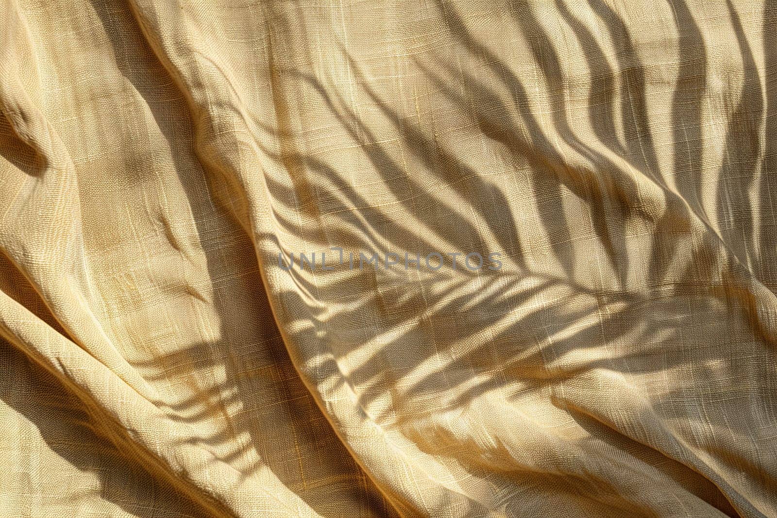 Beige textile surface with folds and shadows of palm leaves. Minimalistic, natural background. Nordic style backdrop. Generative AI. by creativebird