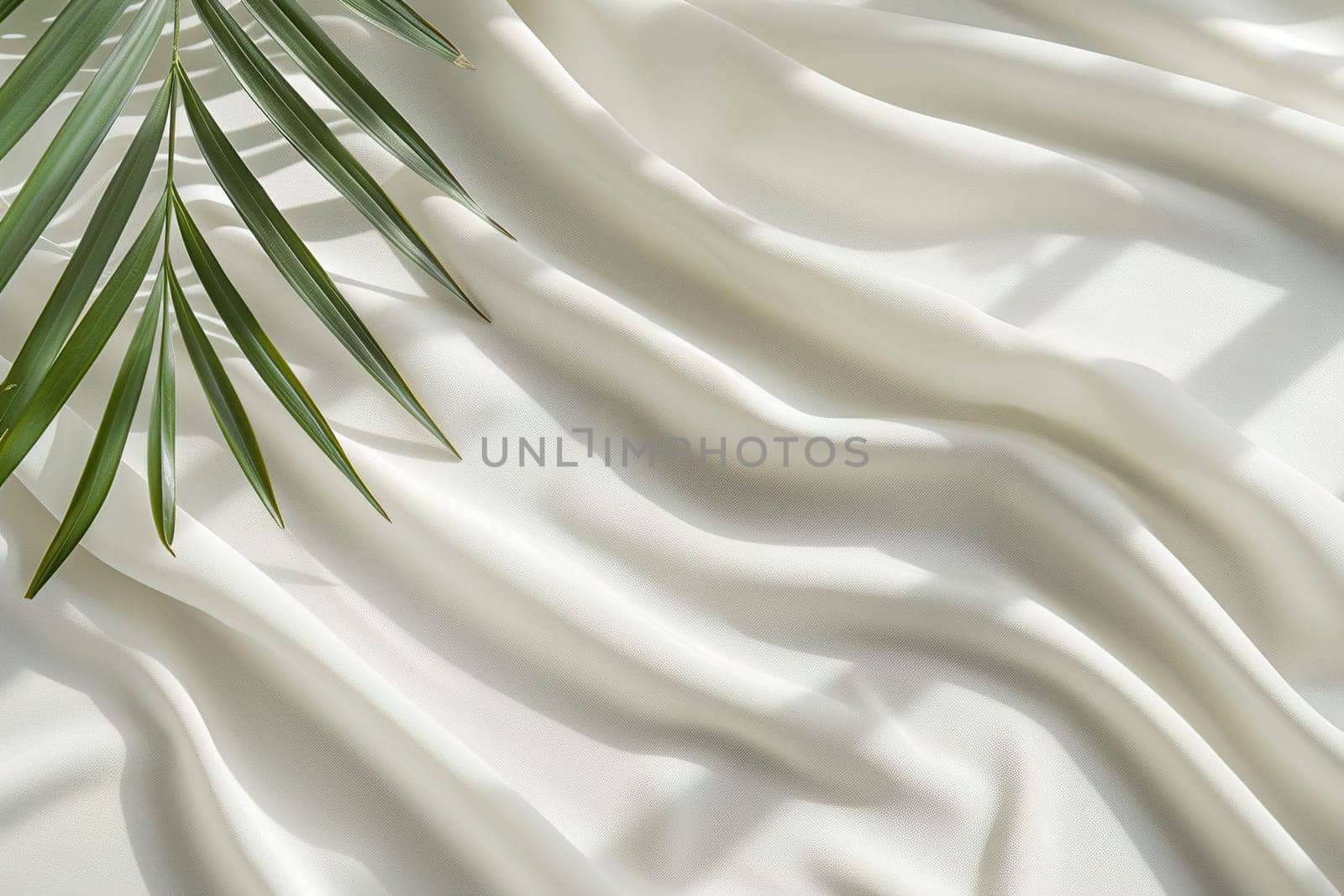 Natural, minimalistic background with white textile, palm leaves and beautiful light. Empty, copy space for text. Nordic style backdrop. Generative AI. by creativebird