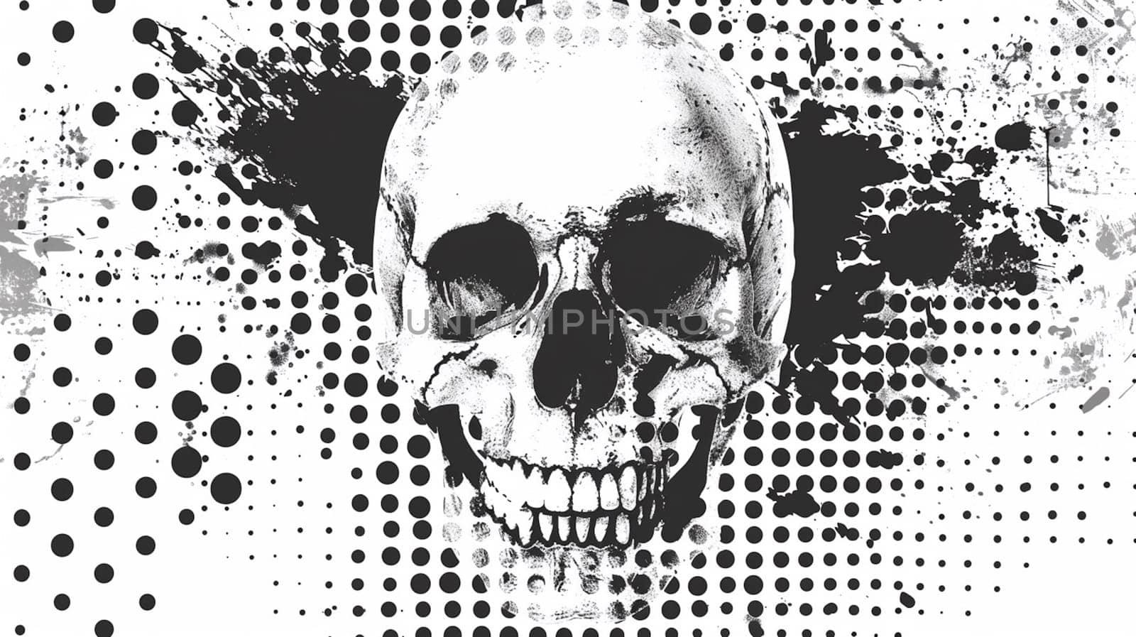 human skull halftone effect and vintage old dollar bills as background. black and white. Ai generative by sweciej