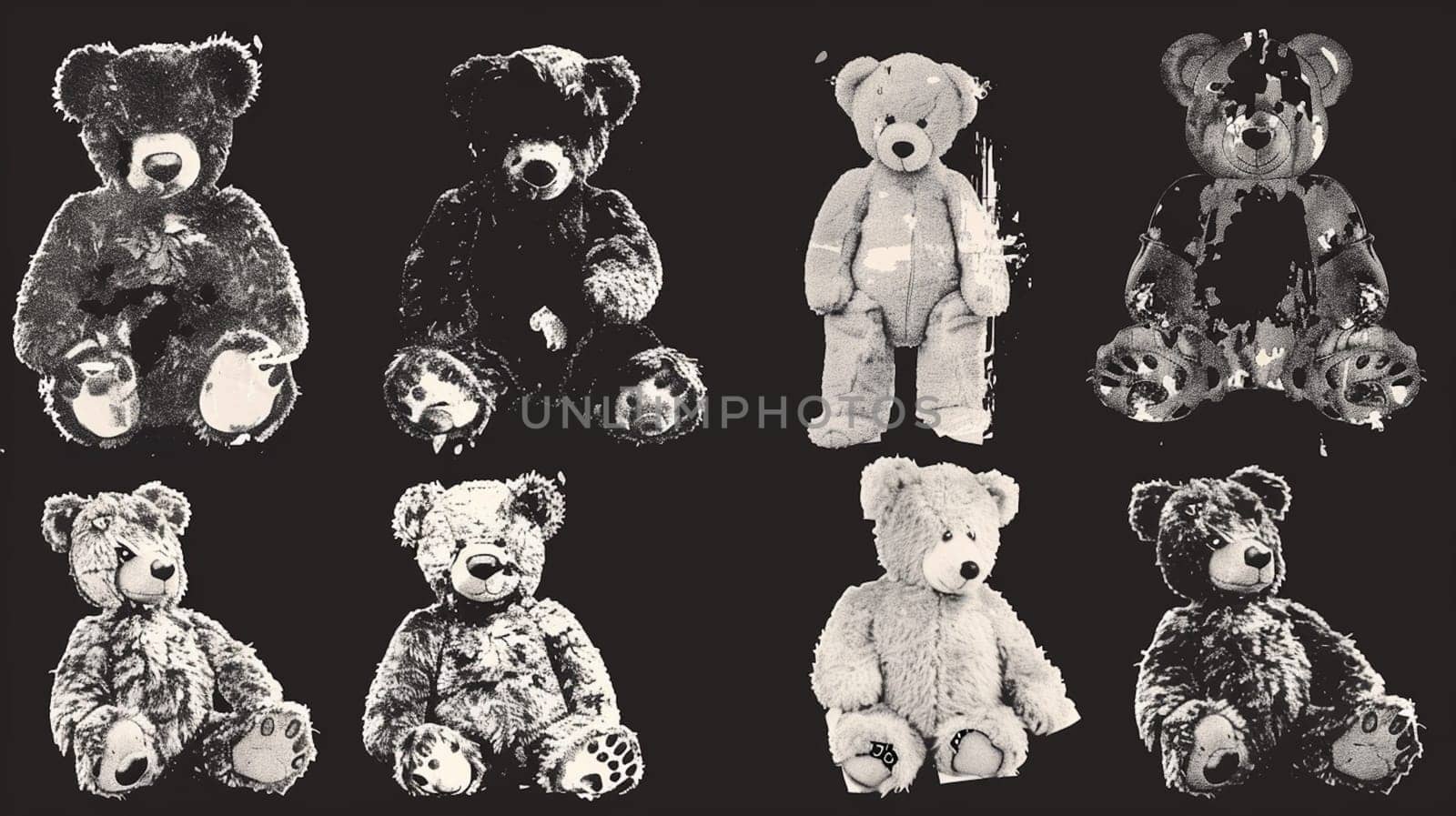 Cool grungy y2k teddy bear set with a negative photocopy effect . grunge elements for 90s vintage design. Ai generative by sweciej