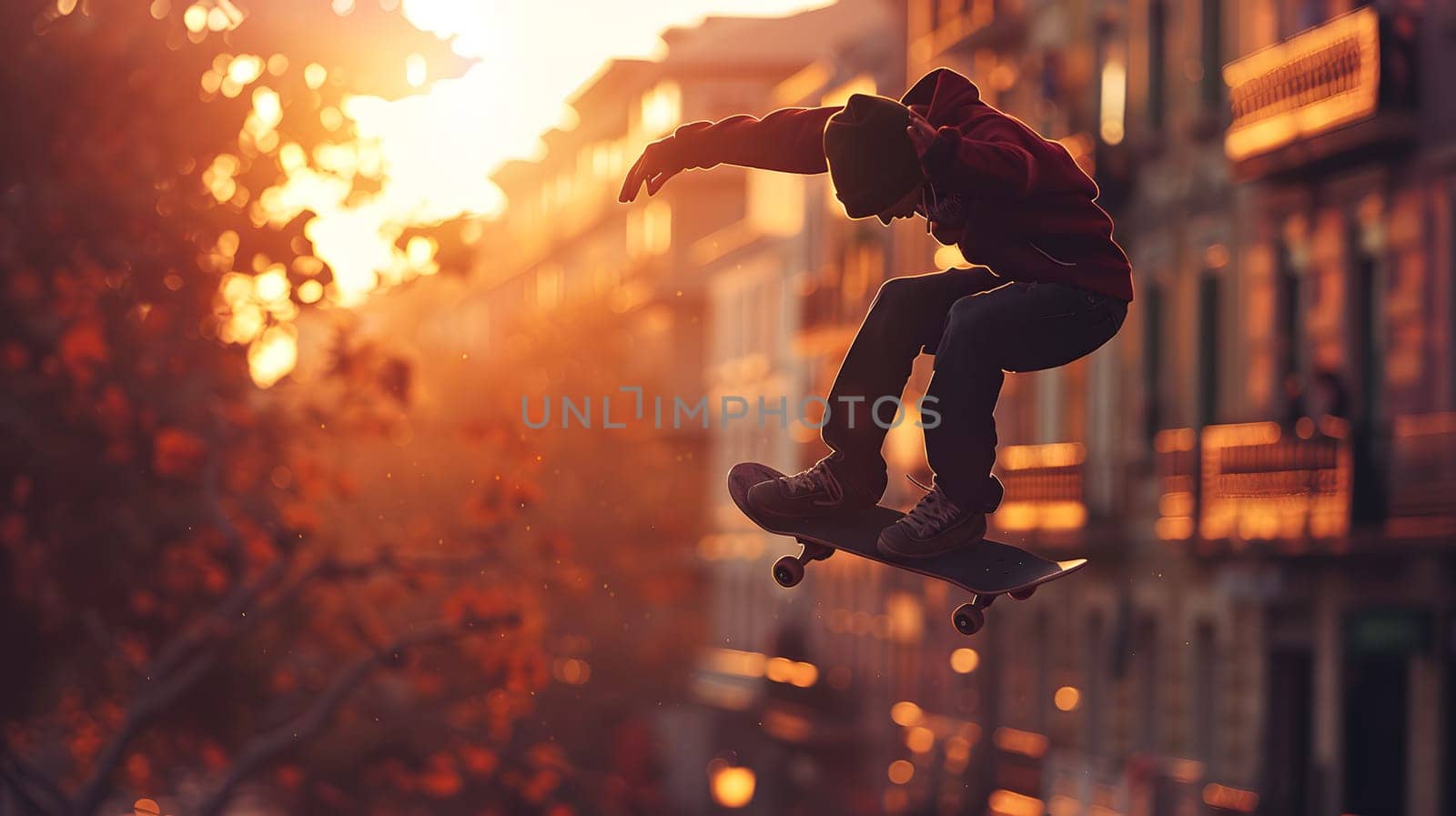 A skateboarder is performing a stunt in the morning sky, rolling through the atmosphere on a skateboard. Nearby trees add to the dynamic scene