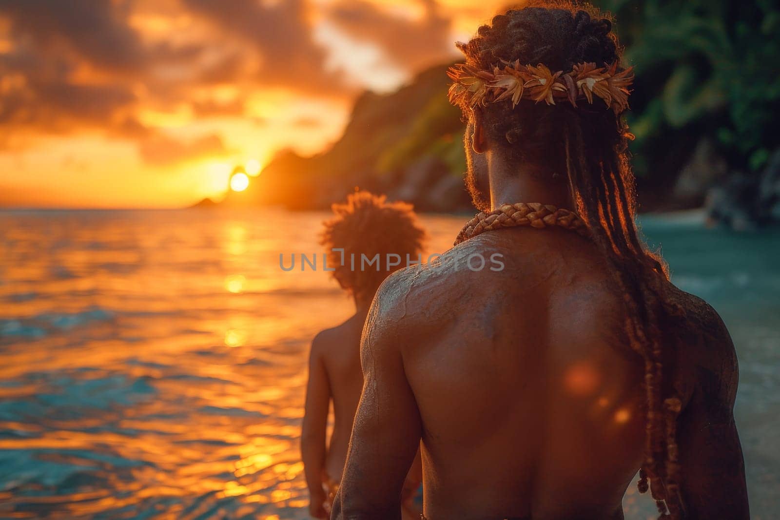 Portrait of a father and son on a tropical beach by Lobachad