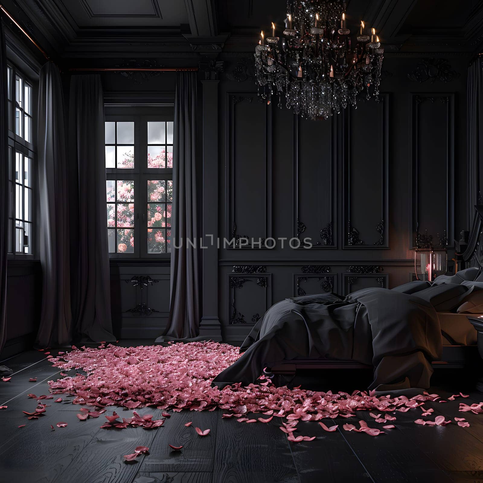 A dimly lit bedroom featuring a wooden bed frame and a luxurious chandelier. High quality photo