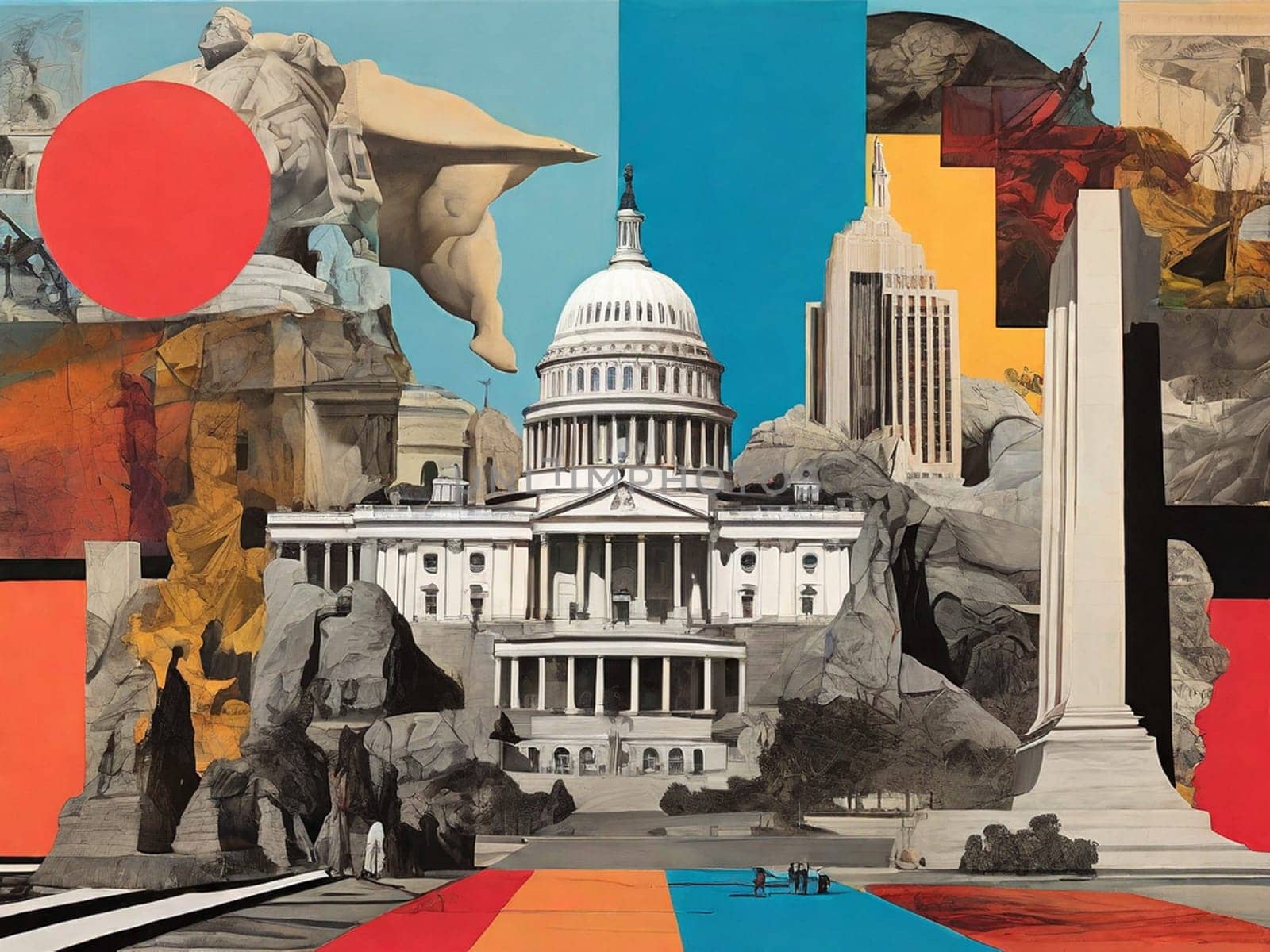 AI generated abstract collage of Washington DC landmarks in Dadaism style, Dali inspired.