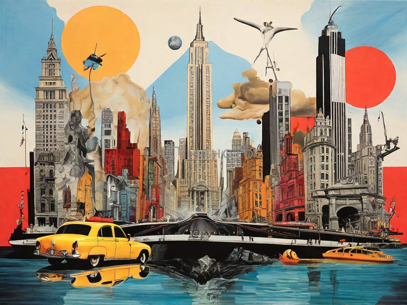 AI generated abstract collage of New York landmarks in Dadaism style, Dali inspired.