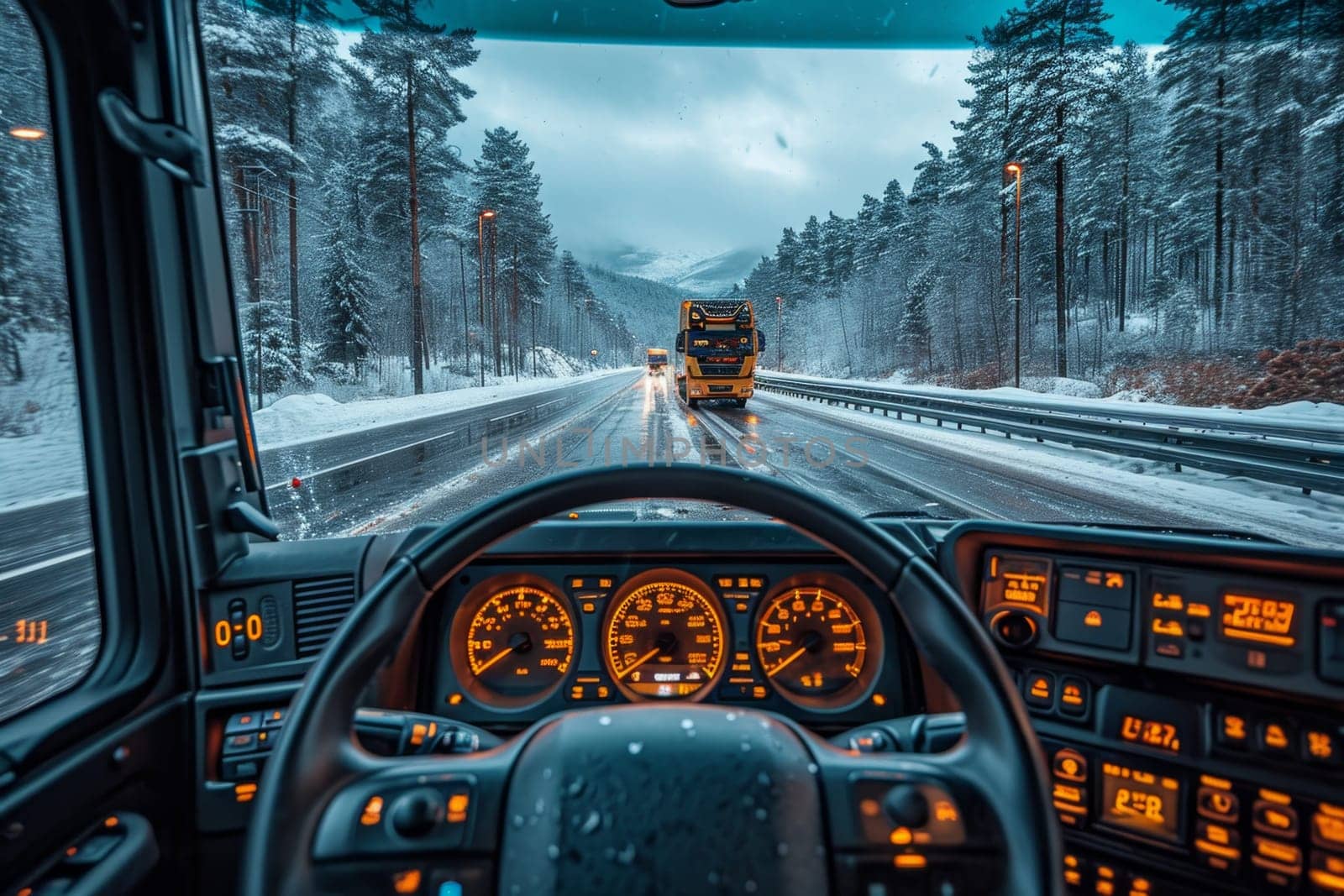 View from the cab of the truck on the winter road. the cab of the truck.