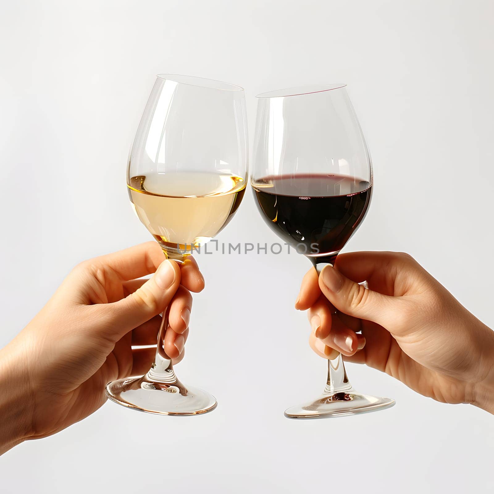 Two people making a gesture with stemware, toasting with wine glasses by Nadtochiy