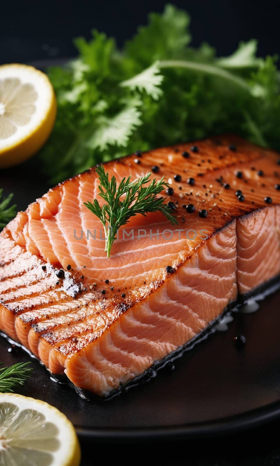 Fresh salmon fillet with dill and black pepper on black background by Andre1ns