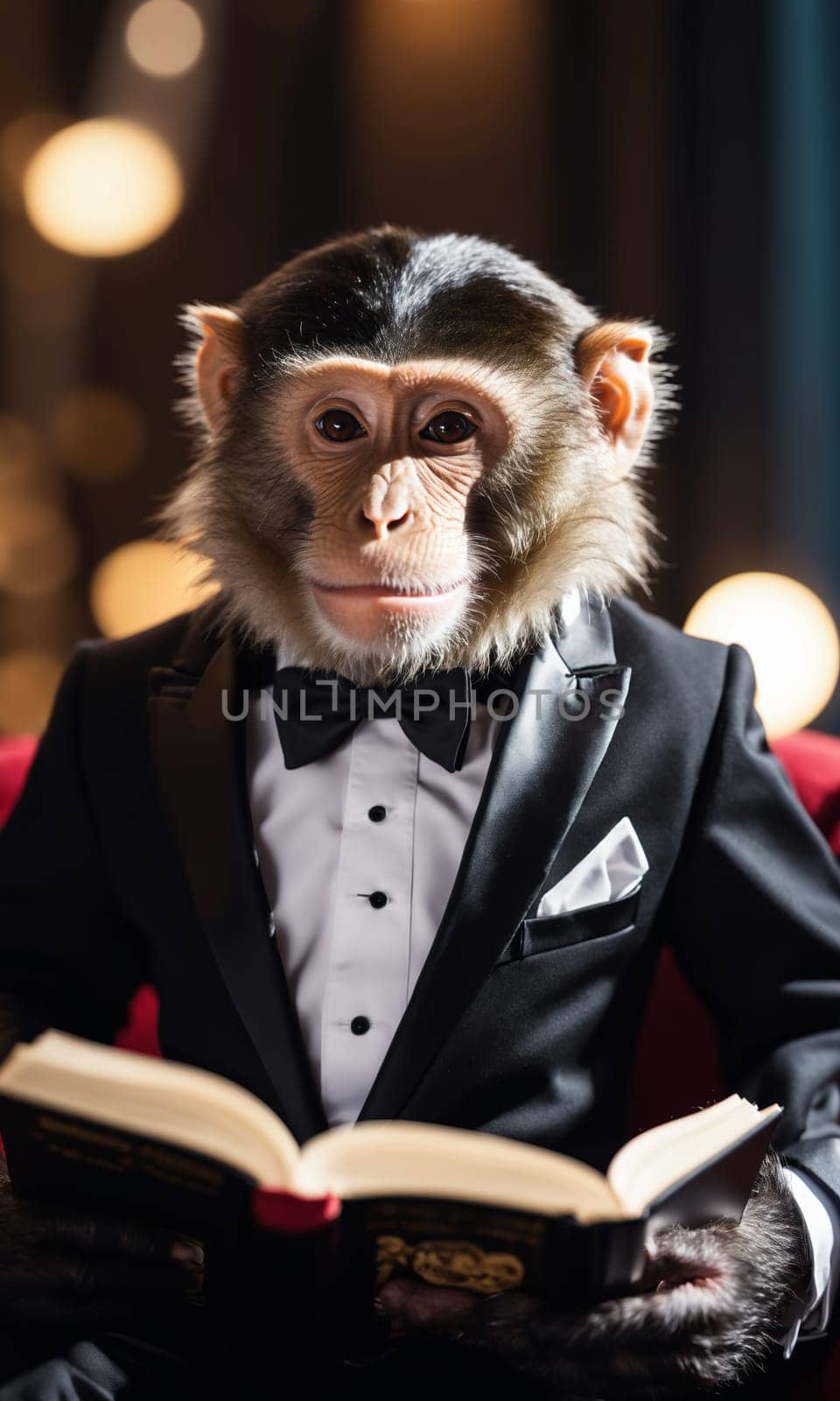 Monkey in a black suit and bow-tie reading a book.