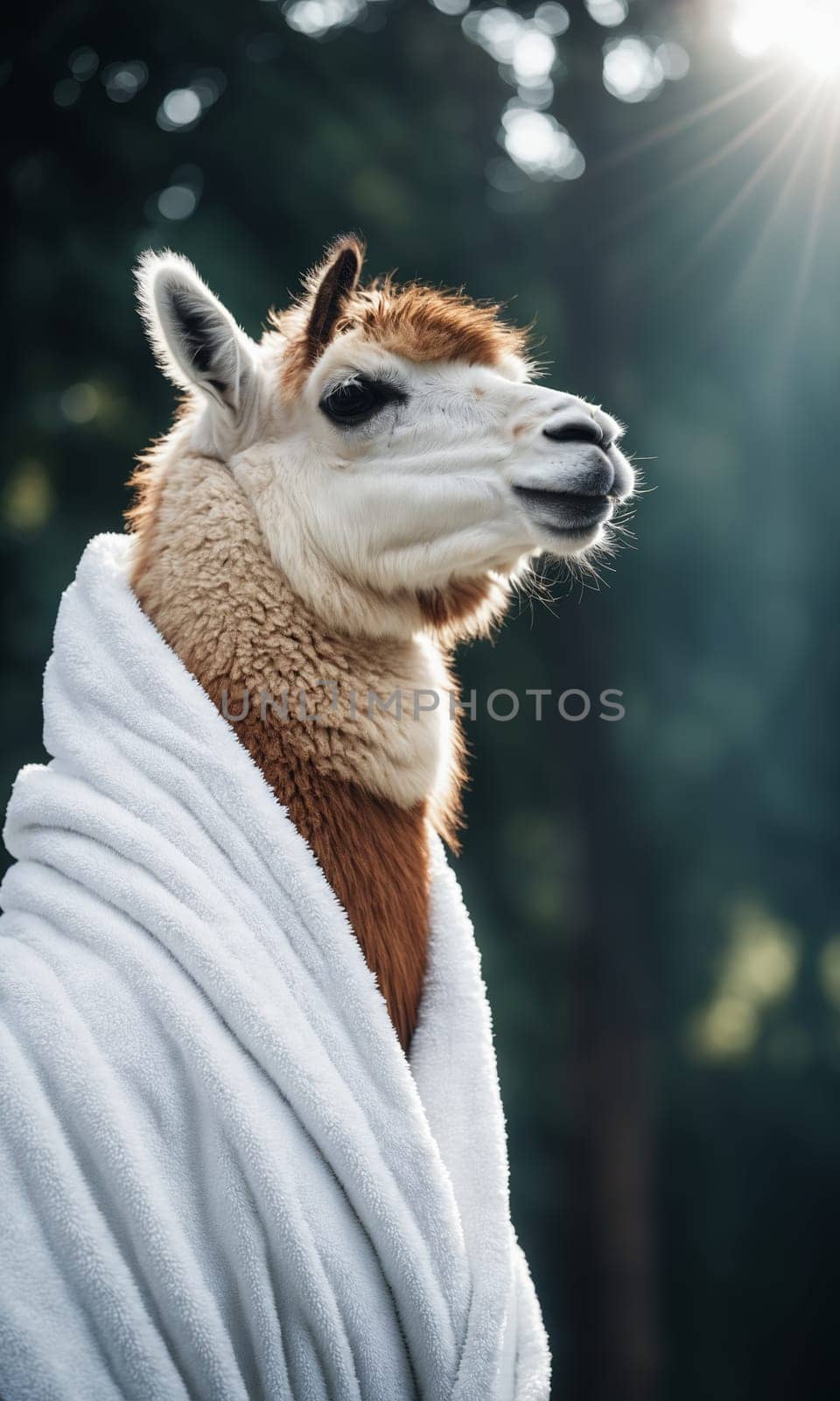 Portrait of a white alpaca wearing a white bathrobe in the mountains by Andre1ns