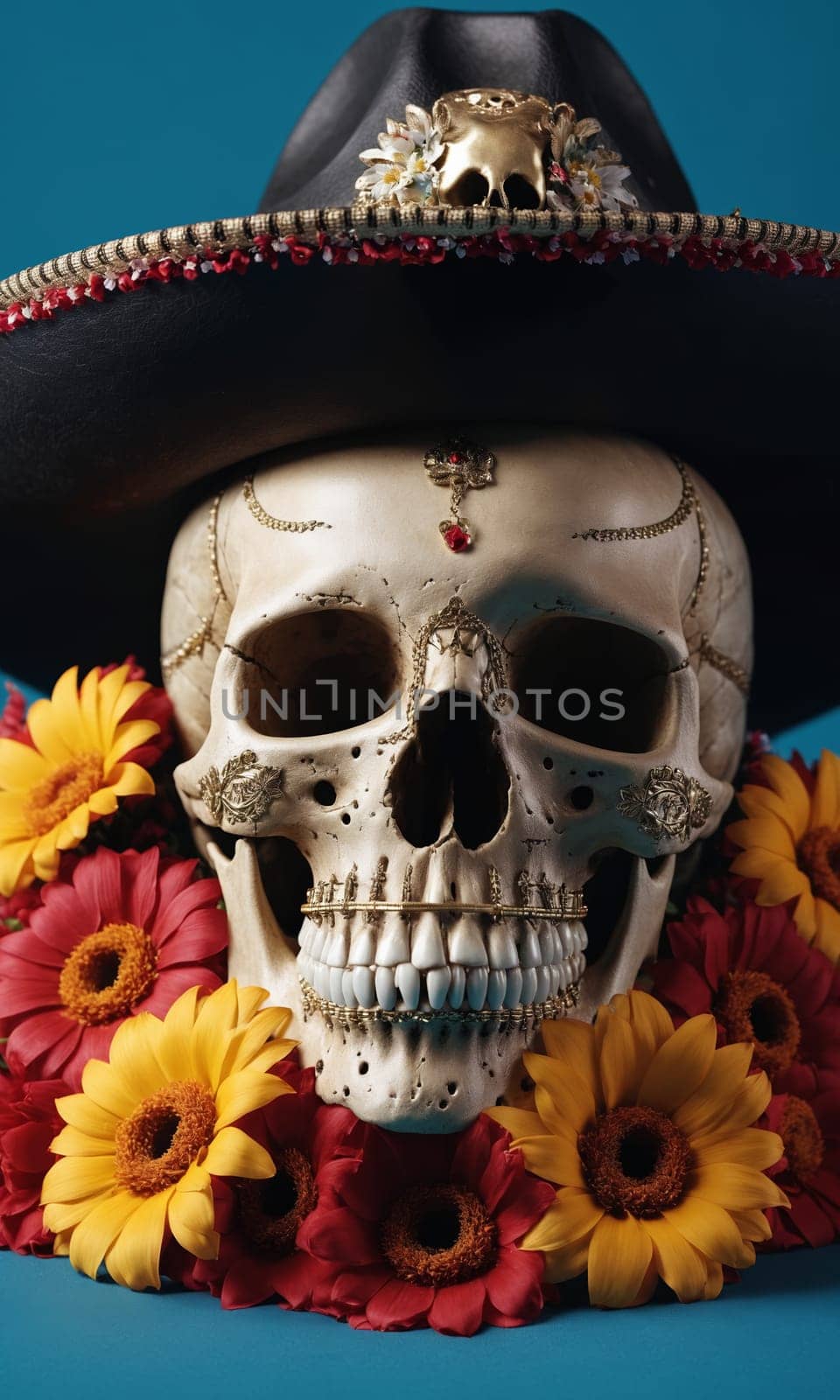 Skull with flowers and sombrero on a black background