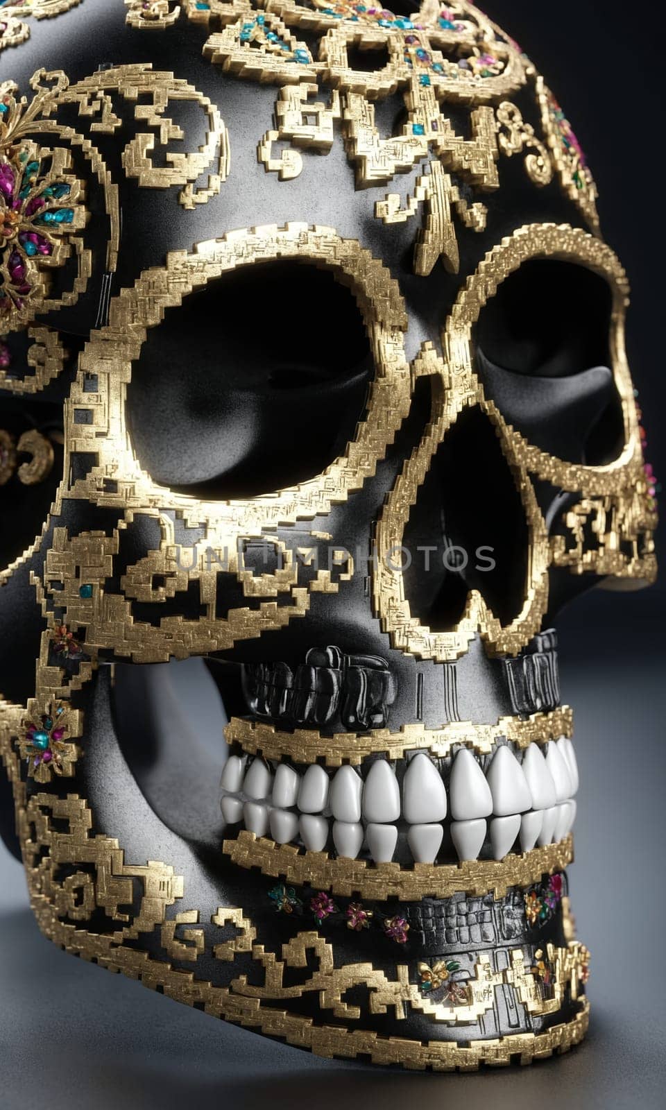 black and white image of a sugar skull on a black background