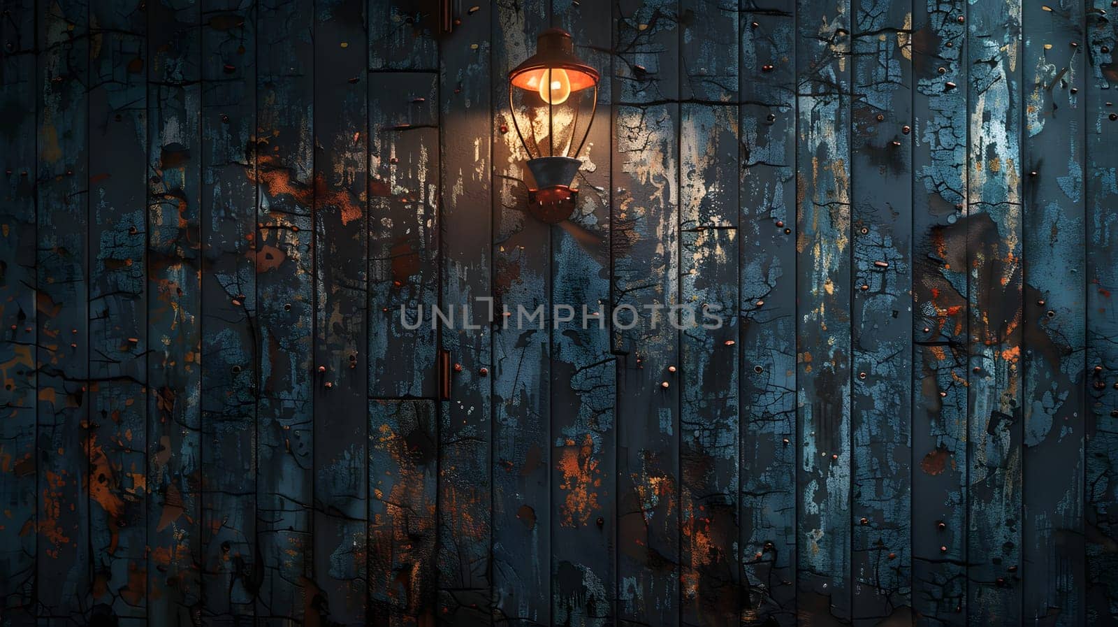 A wooden wall adorned with a lamp hanging from it, illuminating the natural landscape of grass and twigs in the darkness of midnight