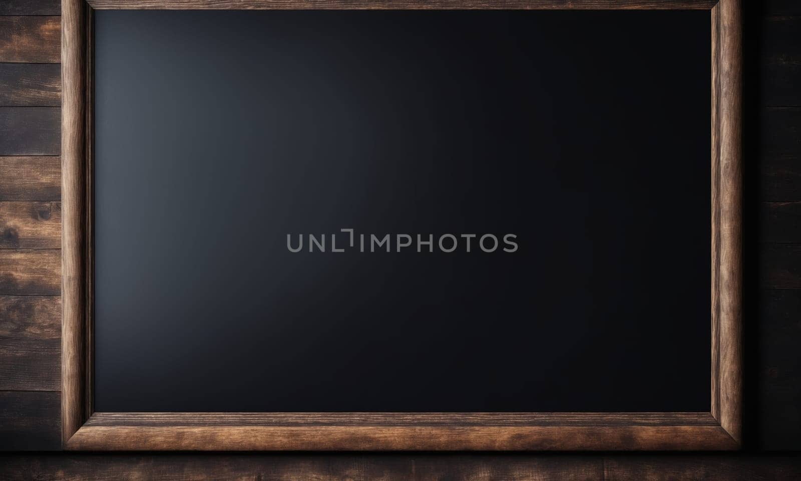 Blank blackboard with wooden frame on a dark wooden background