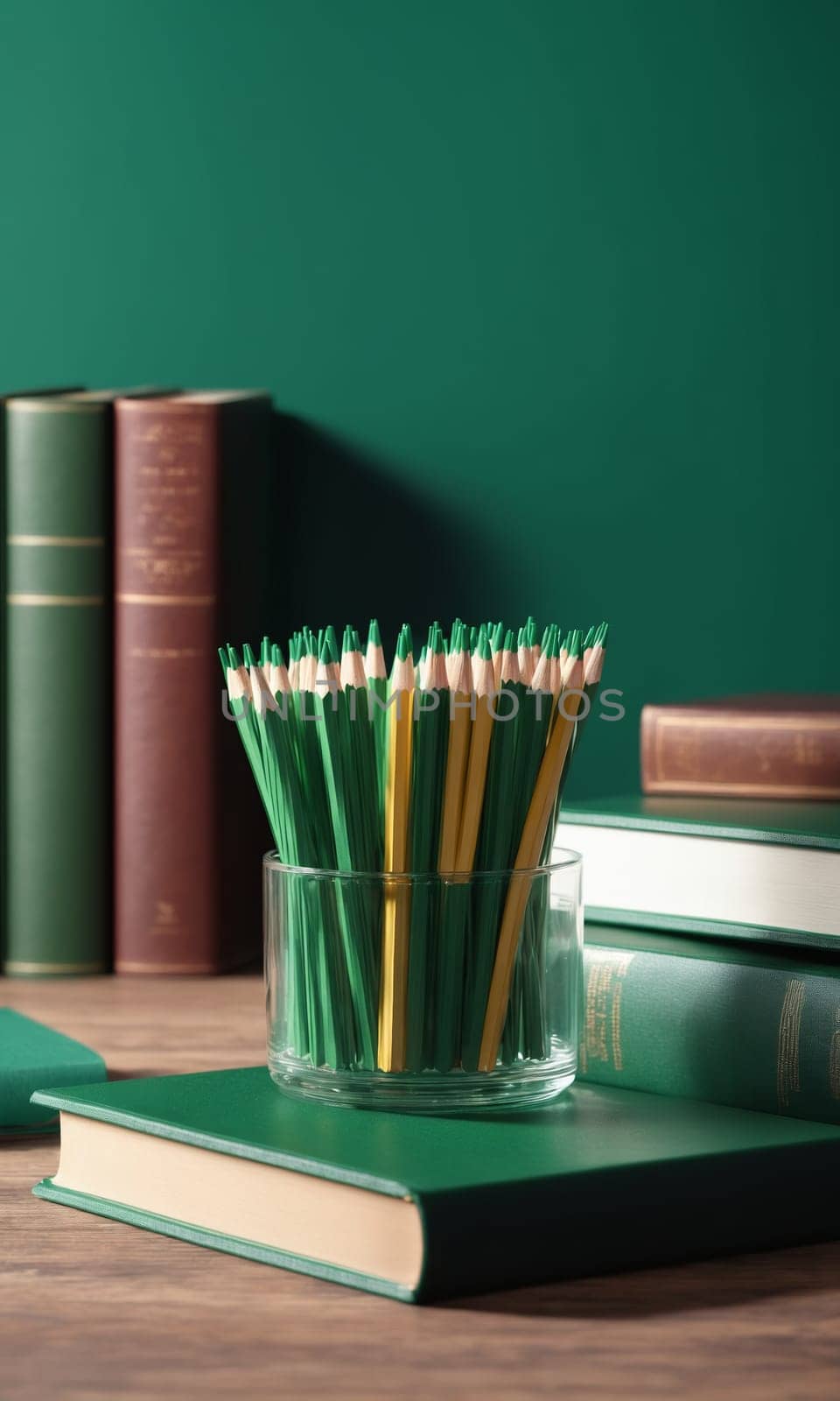 Pencils and notebooks on wooden table against green chalkboard background.