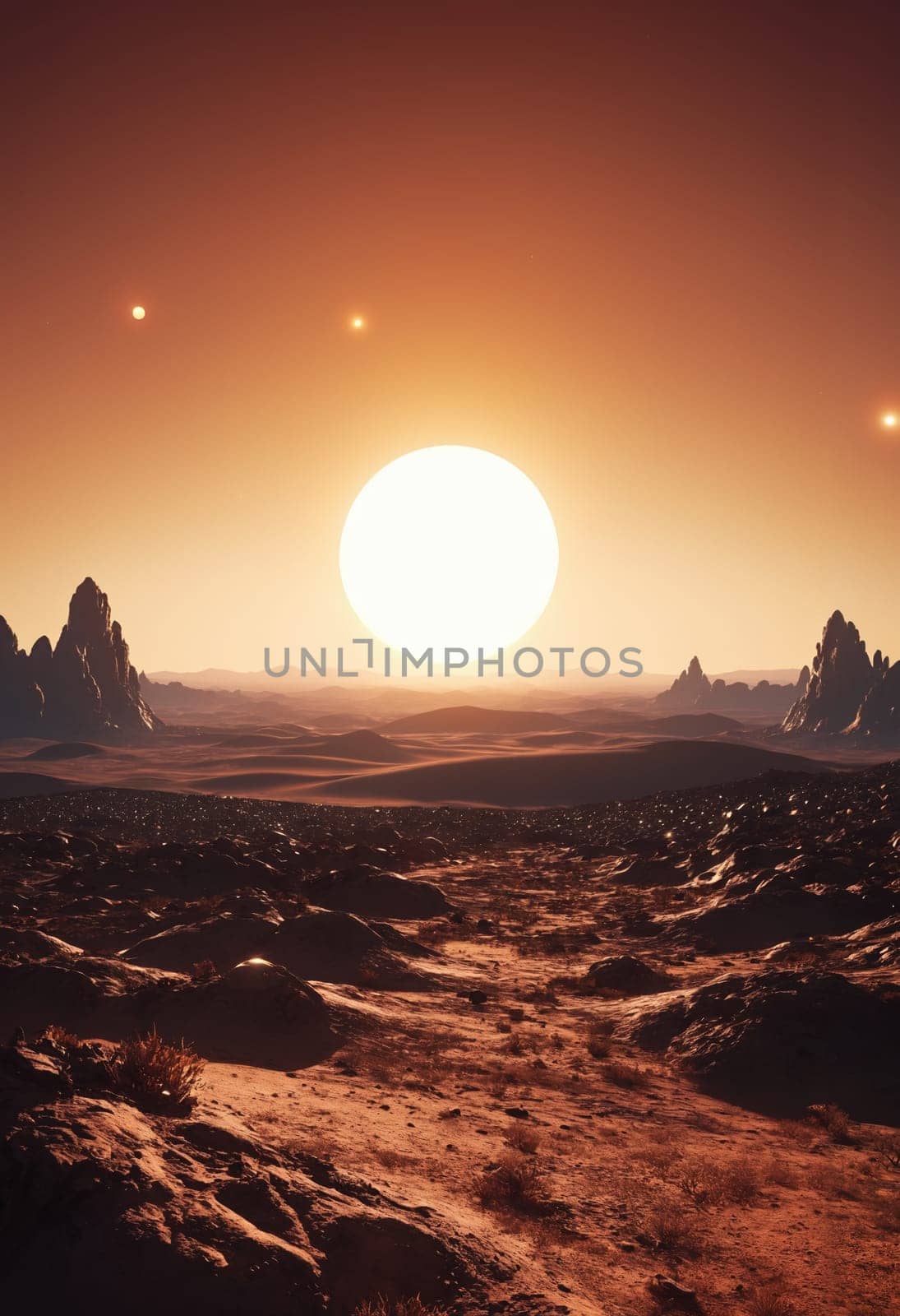 Fantasy alien planet. Mountain and lake. 3D illustration