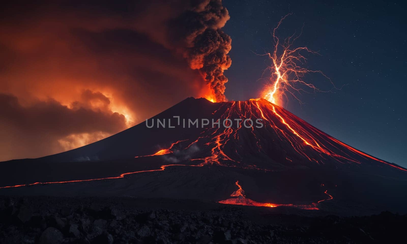 Strong volcanic eruption at night. Large column of smoke and flowing lava.