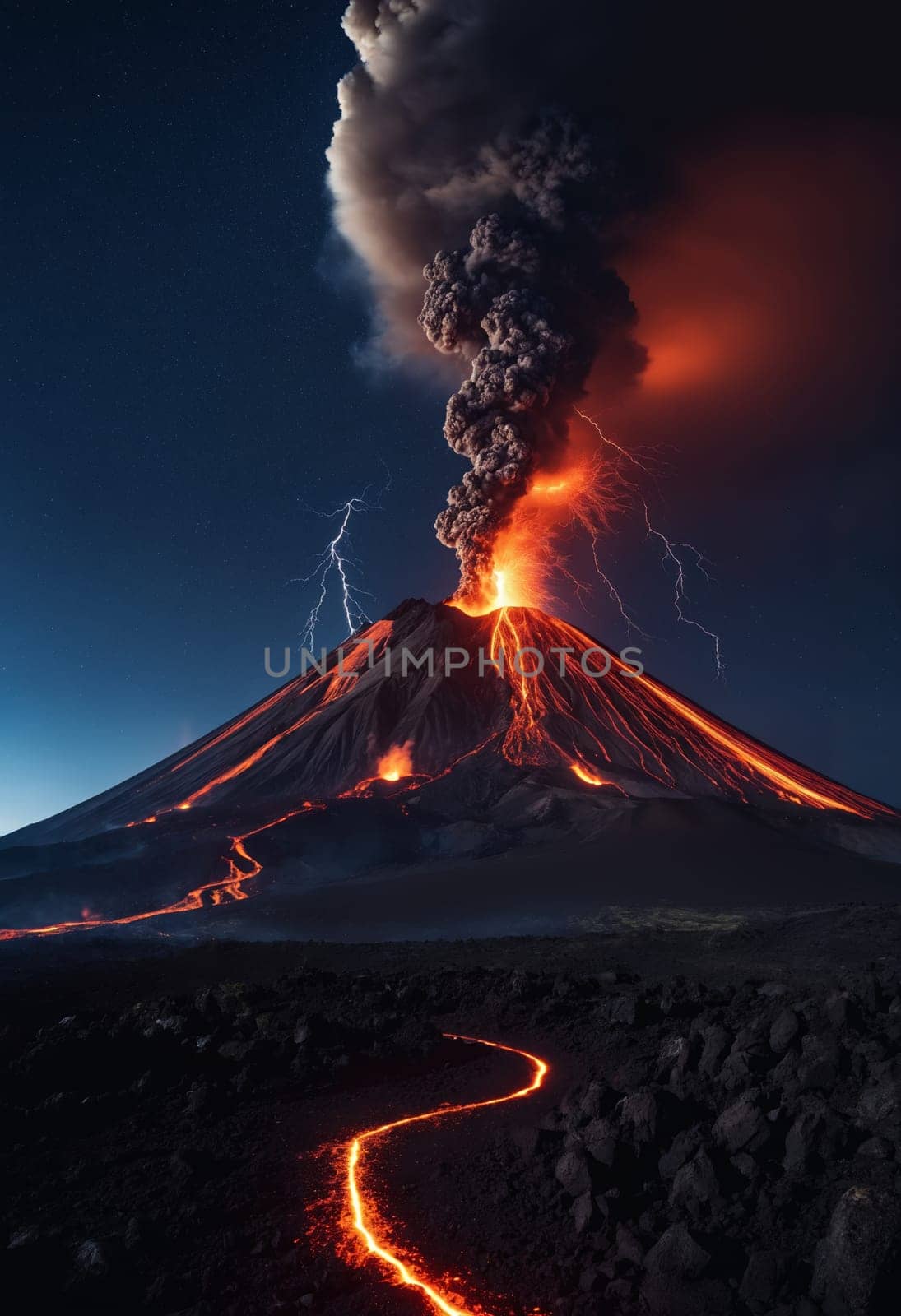 Strong volcanic eruption at night.