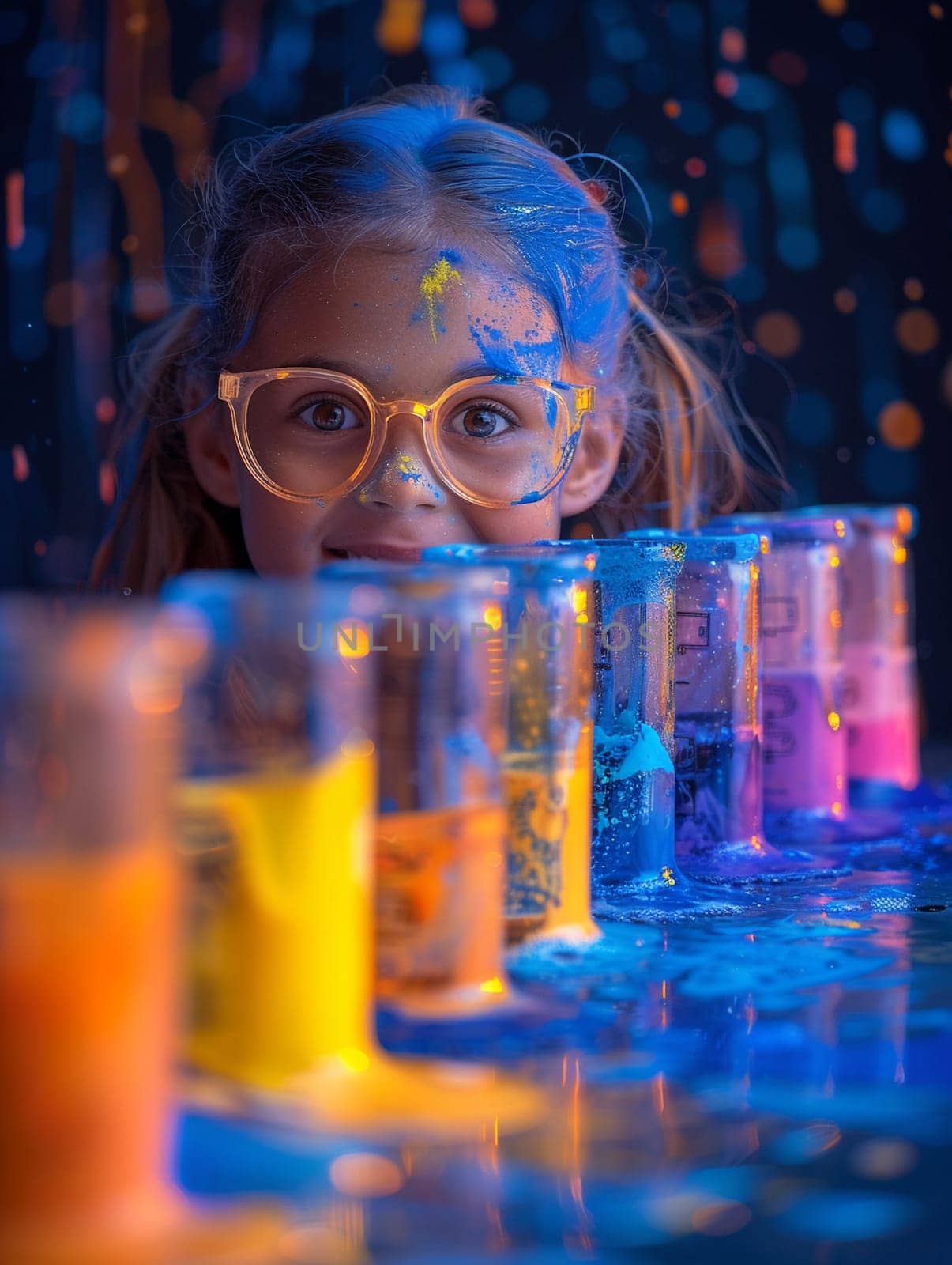 Experiment with colorful reactions in a science fair, representing curiosity and learning.