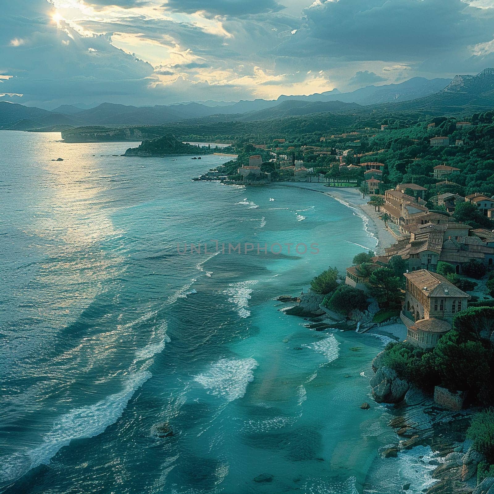 Drone view of a coastal town, illustrating perspective and the blend of nature and civilization.