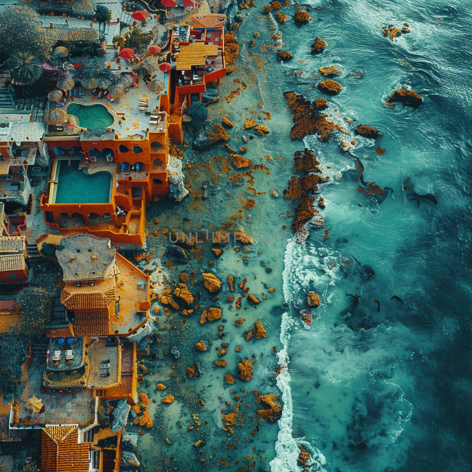 Drone view of a coastal town, illustrating perspective and the blend of nature and civilization.