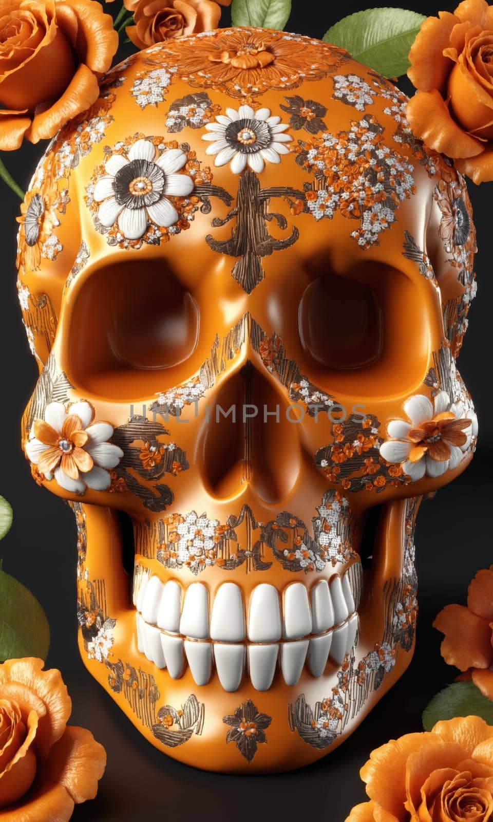 Day of the Dead skull with orange flowers and leaves on black background.