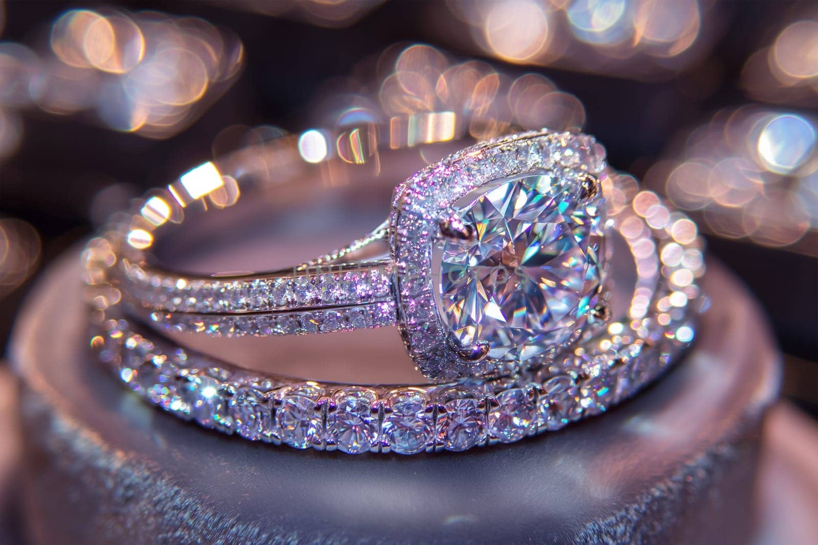 A detailed close-up of a sparkling diamond ring placed on a wooden table, showcasing its intricate design and brilliance.