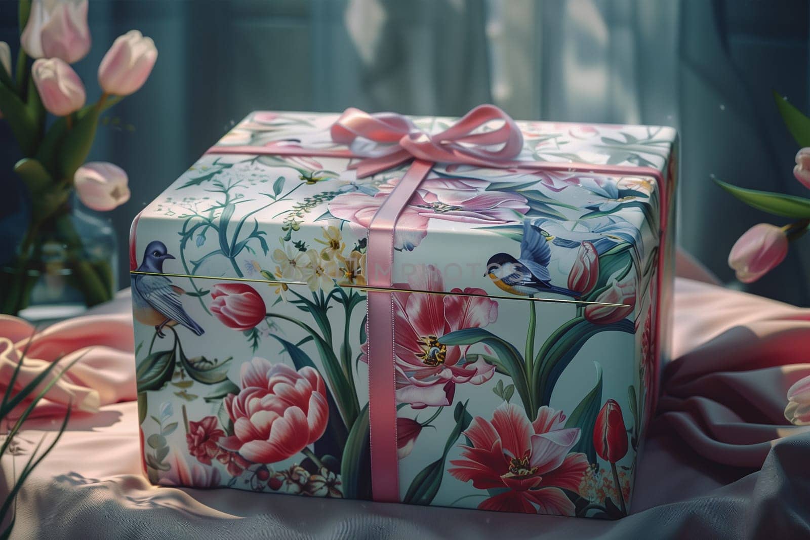A pink gift box with a ribbon placed neatly on a bed, creating a charming and thoughtful scene.