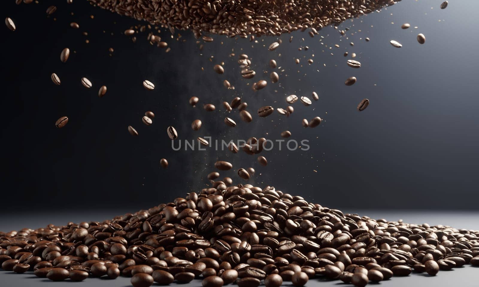 coffee beans falling into the air on a black background with copy space.
