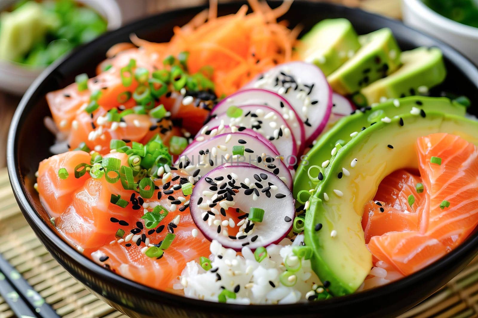 Bowl with salmon, avocado and other ingredients. Healthy food. by OlgaGubskaya