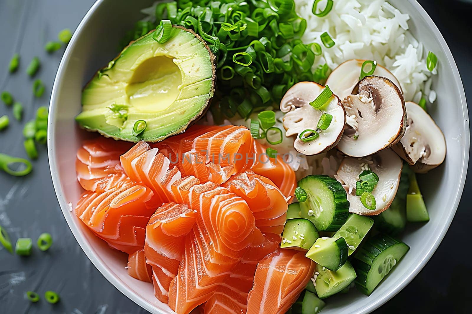 Bowl with salmon, avocado and other ingredients. Healthy food concept.