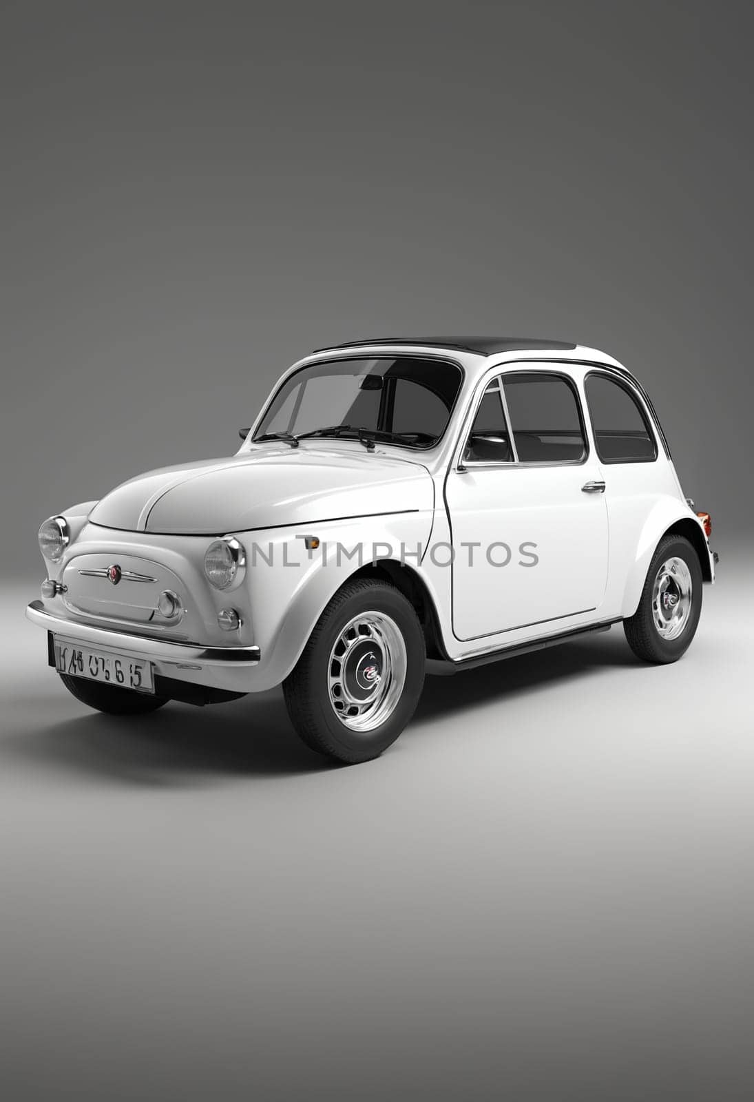 White old car on a gray background with shadow. 3d rendering.