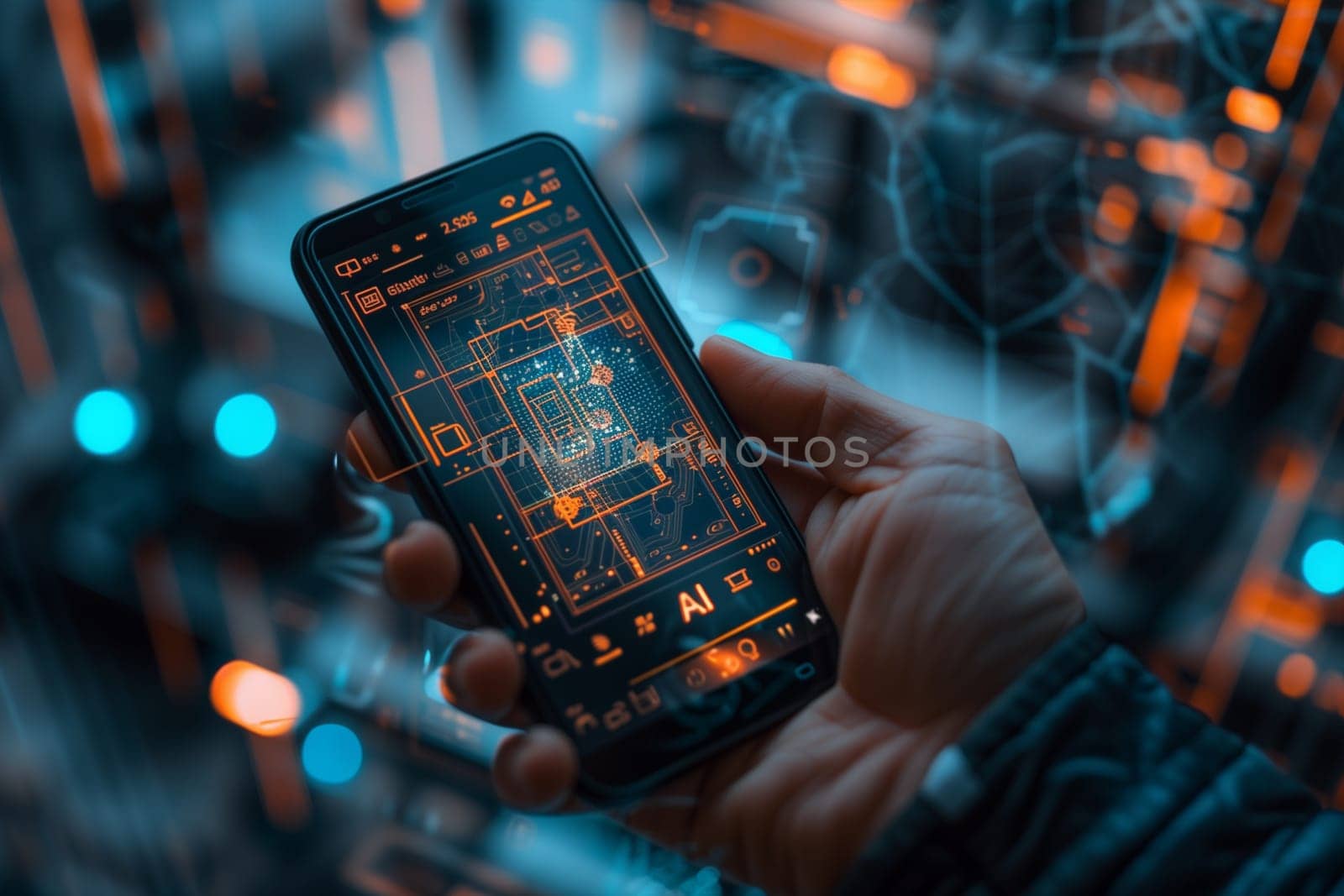 A man holds a smartphone with artificial intelligence technologies in his hands. Close-up.