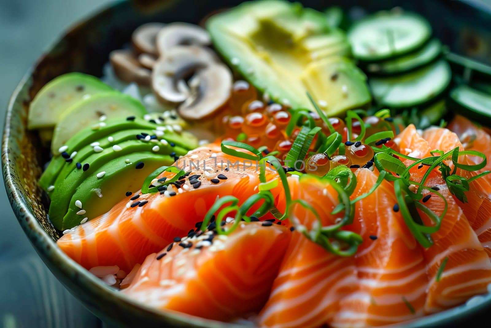 Bowl with salmon, avocado and other ingredients. Healthy food. by OlgaGubskaya