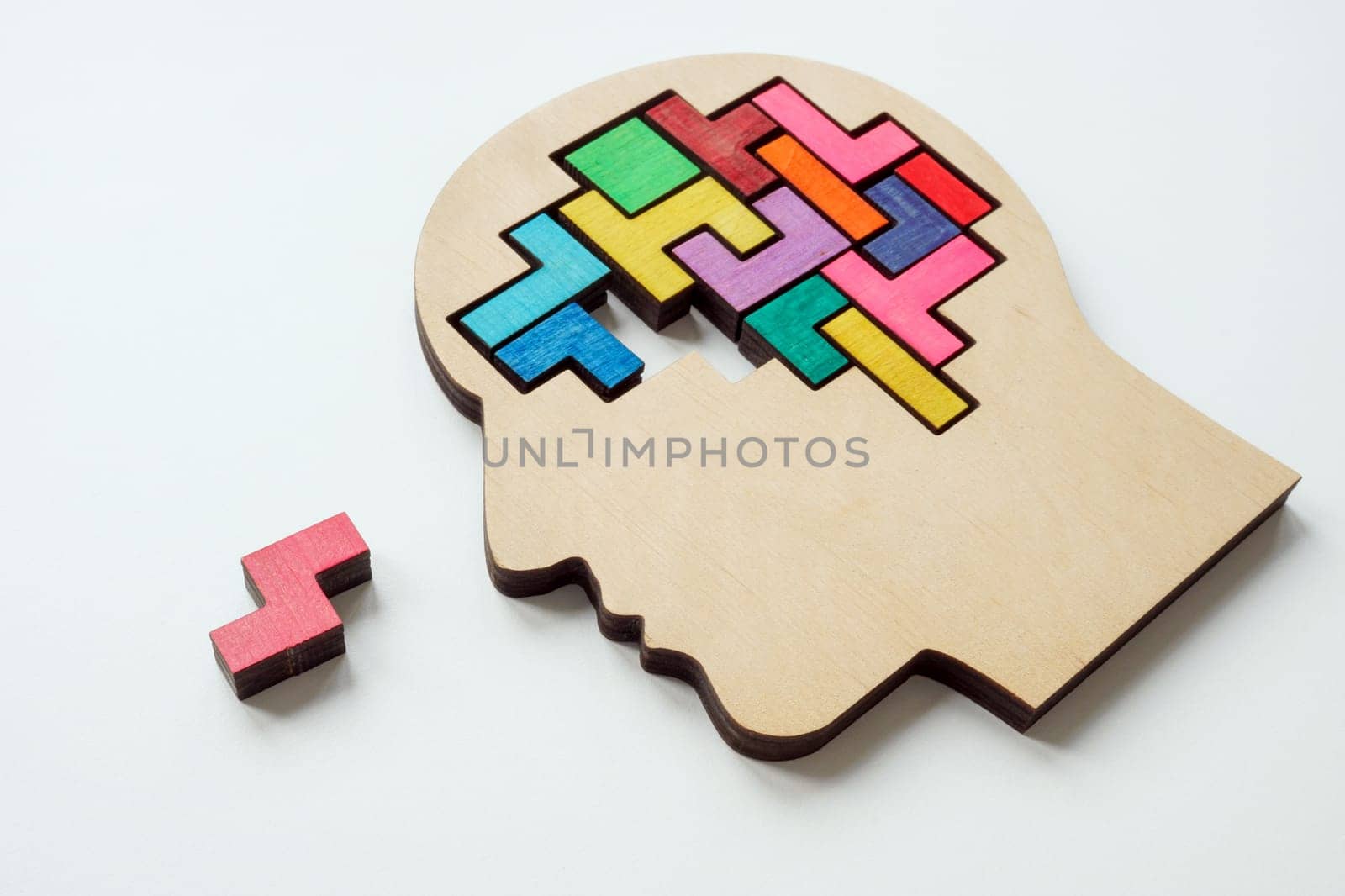 A brain made of puzzle pieces, one missing. Problem solving, creativity and inspiration concept. by designer491