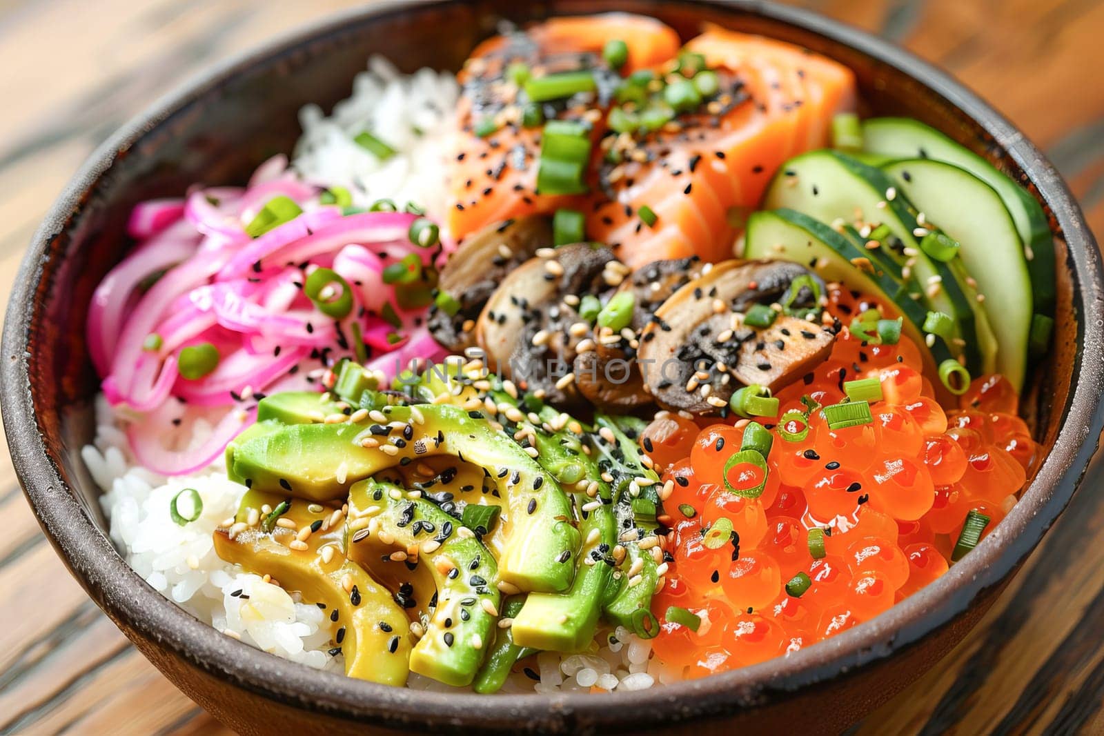 Bowl with salmon, avocado and other ingredients. Healthy food concept.