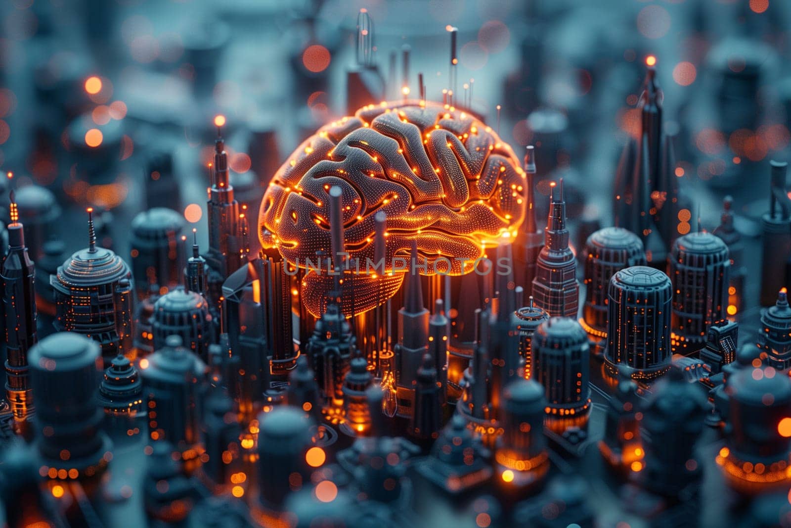 A computer-generated brain symbol surrounded by towering buildings, illustrating the juxtaposition of nature and urban development.